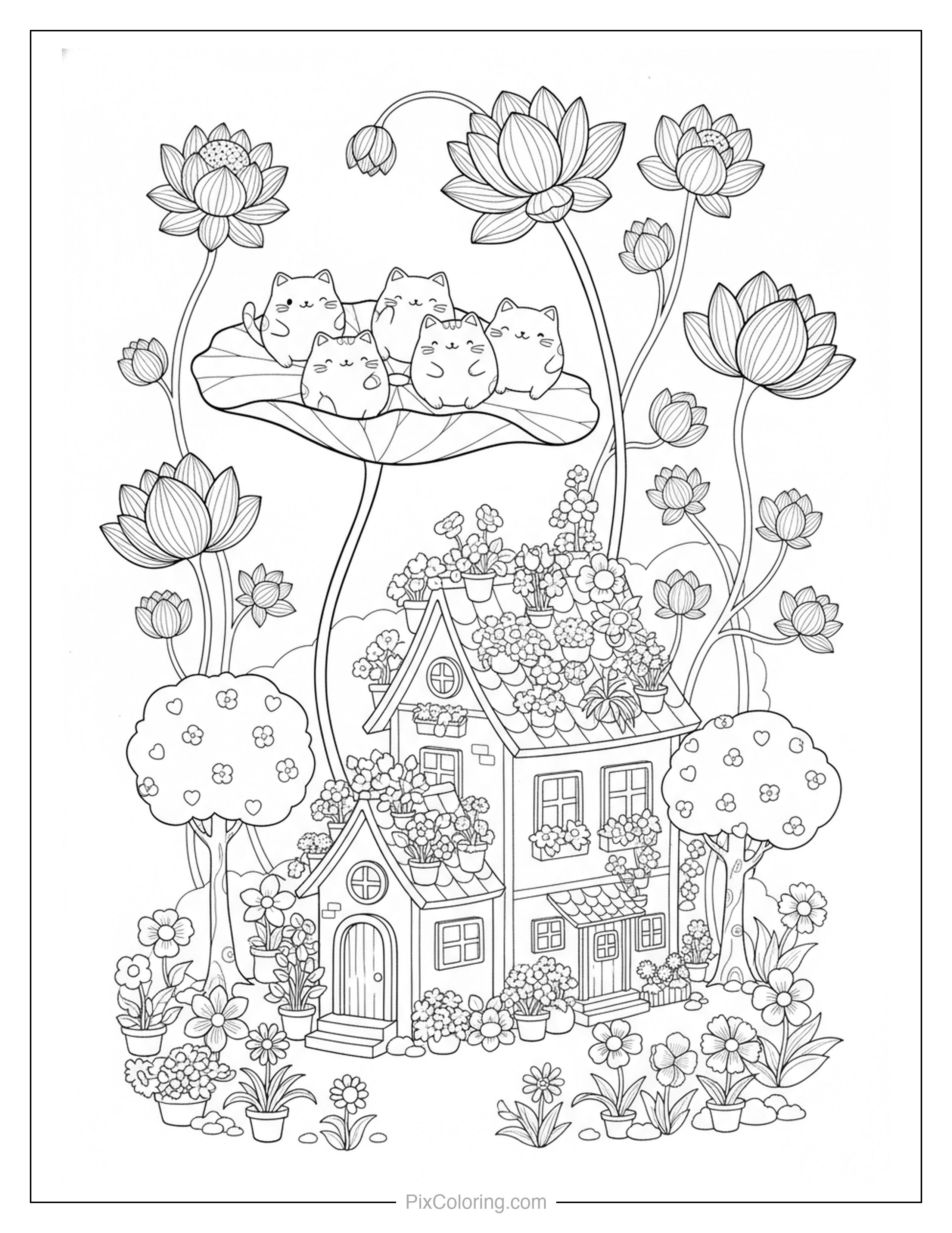 Four cute cats sitting on a giant lily pad with lotus flowers above a charming garden cottage with heart-shaped trees coloring page for kids