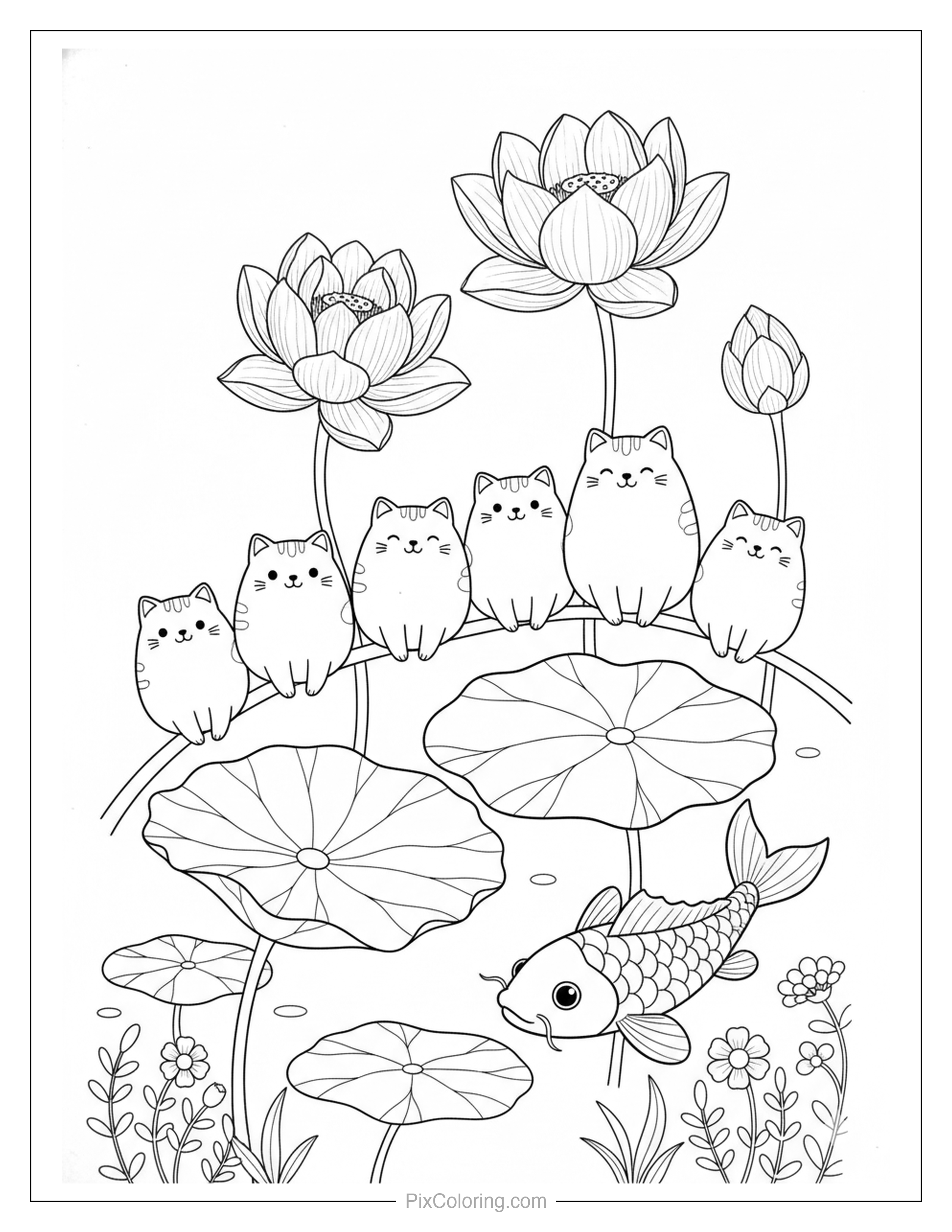 Five cute cats sitting on a lily pad in a pond with tall lotus flowers, while a big koi fish swims below coloring page for kids