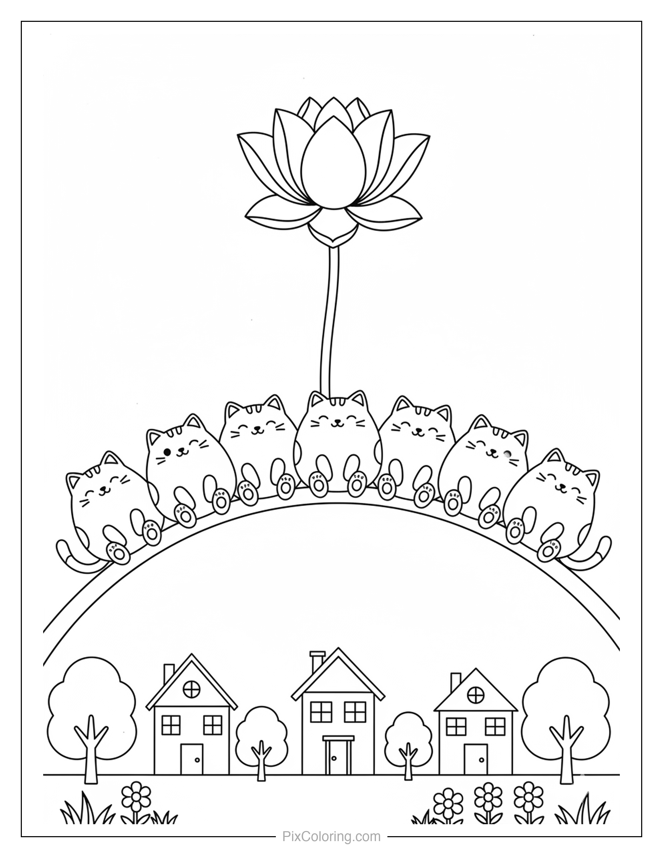Six cute cats lined up on a curved arc like a rainbow above a cozy village of houses and trees with a lotus flower on top coloring page for kids