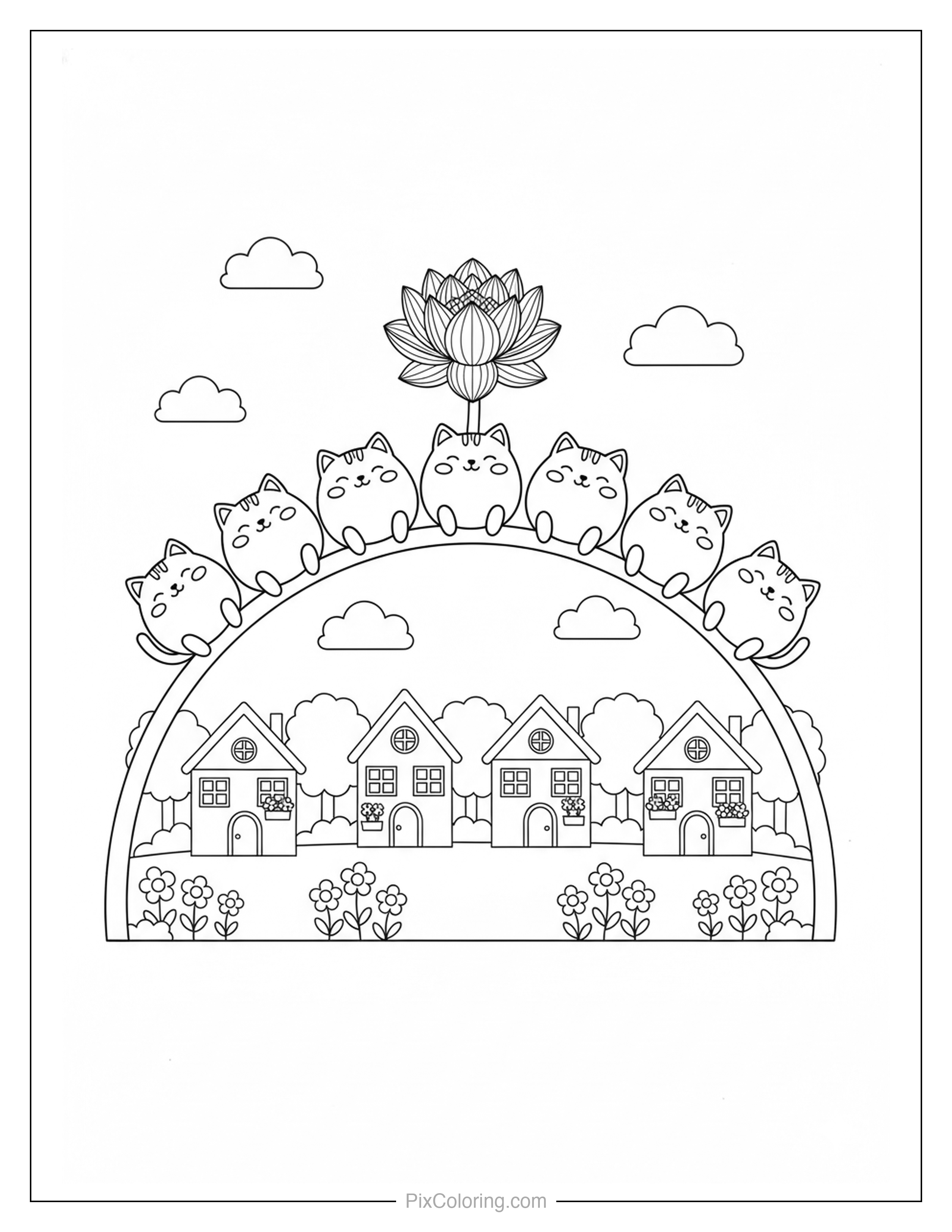 Five cute cats sitting on a big rainbow arc with a lotus flower above a village of cozy houses, trees, and flowers coloring page for kids