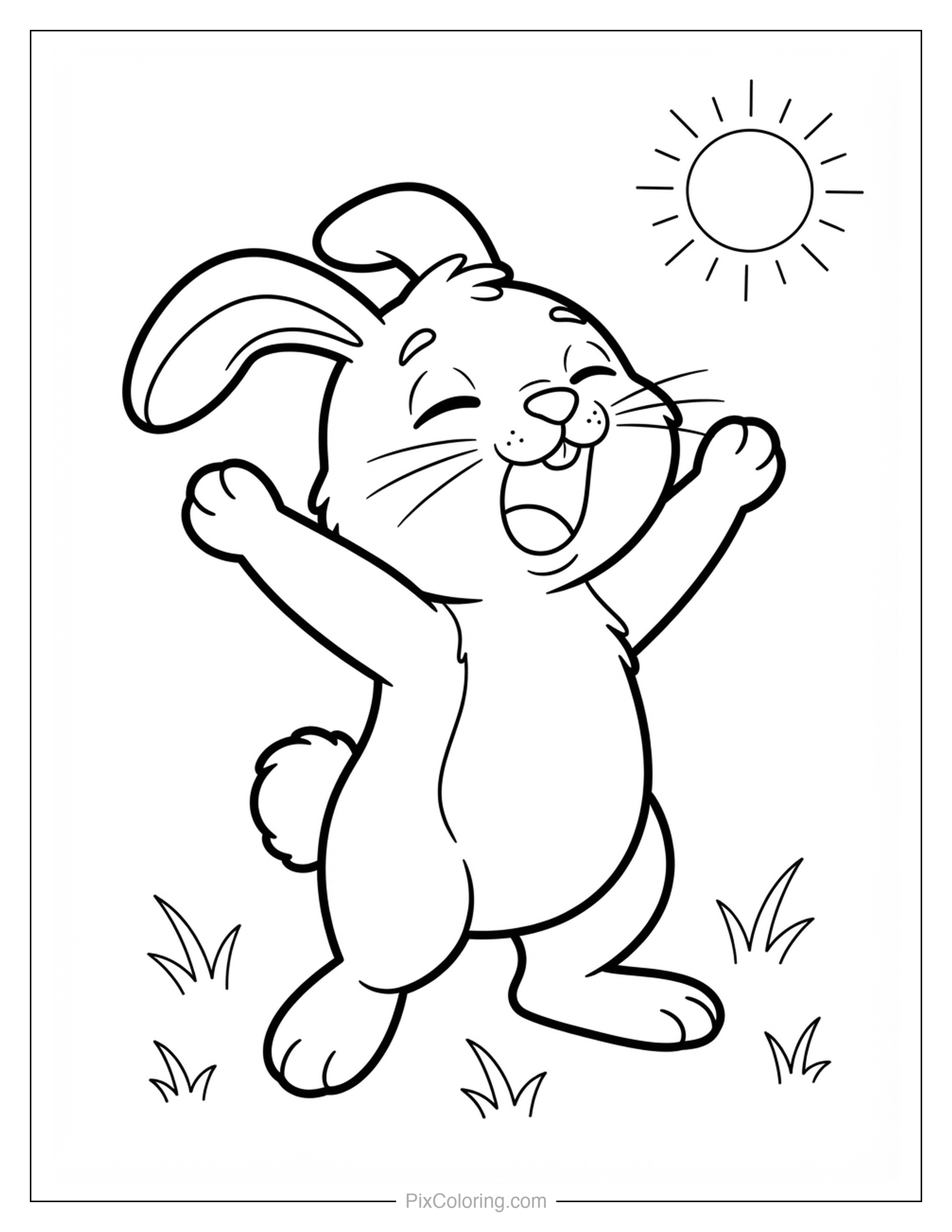 Happy cartoon bunny jumping and cheering with arms raised under a bright sun coloring page for kids