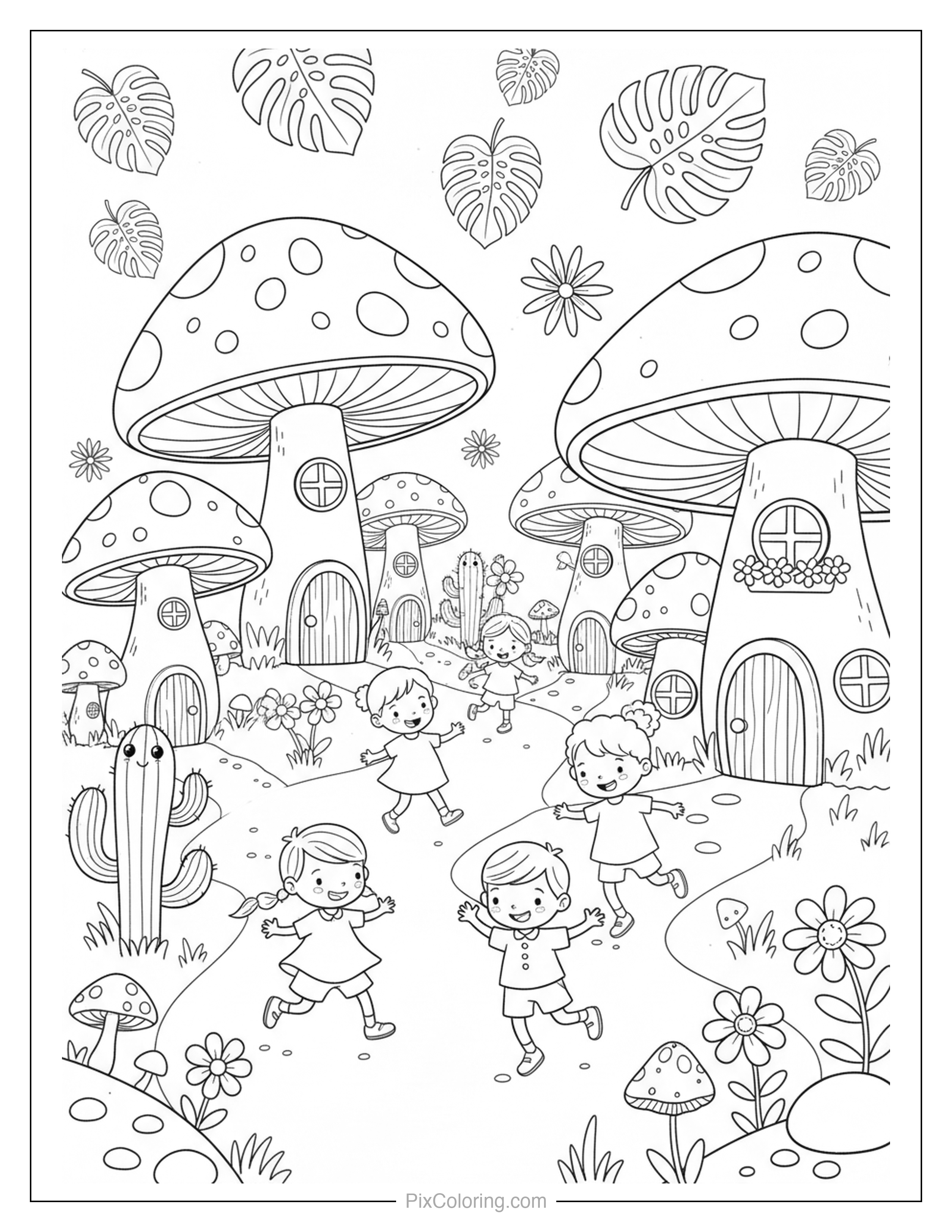 Cheerful children dancing and playing in a magical mushroom village with giant spotted mushroom houses, cacti, and monstera leaves coloring page for kids