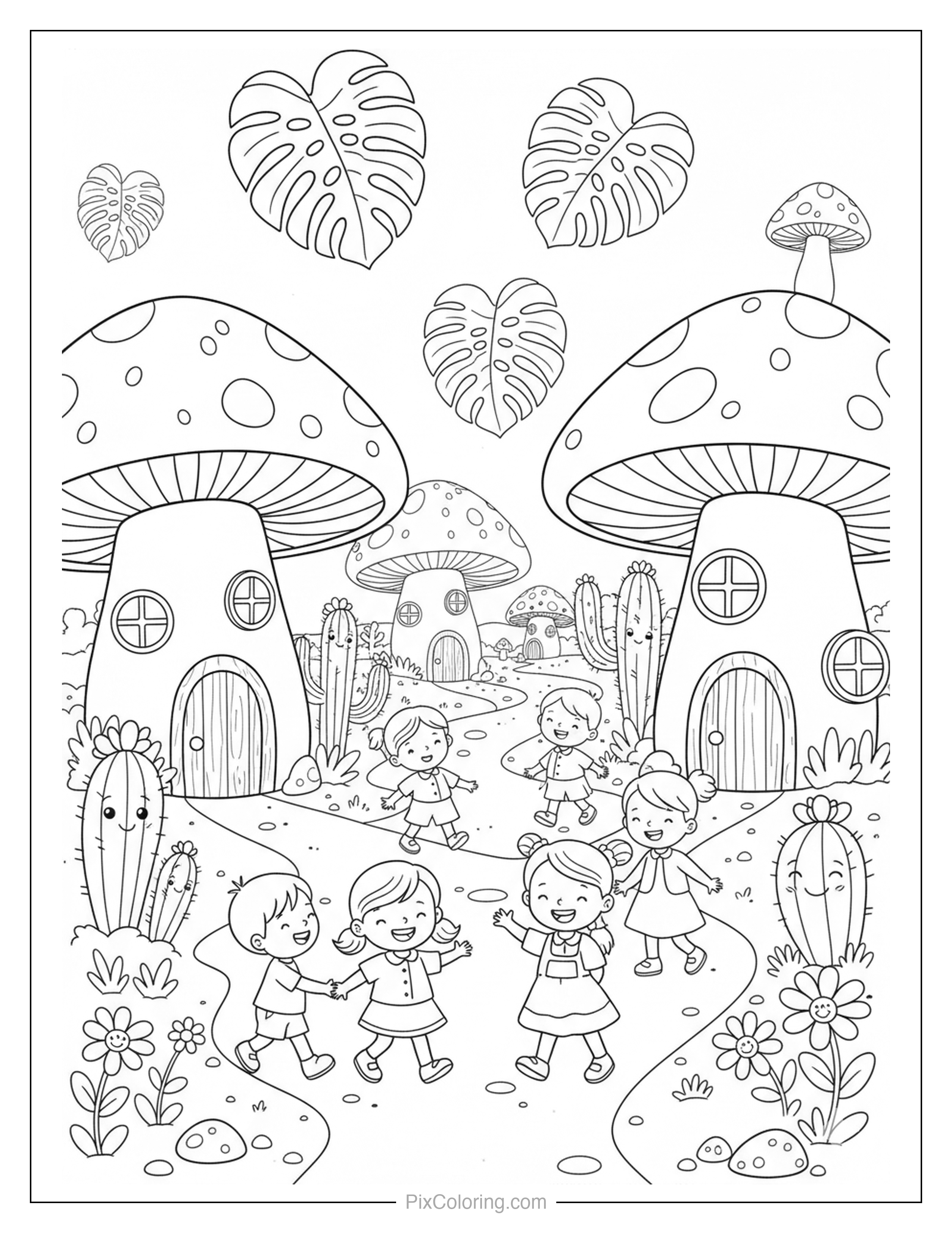 Four happy children playing together in a whimsical mushroom village with giant spotted mushroom houses and cute cacti coloring page for kids
