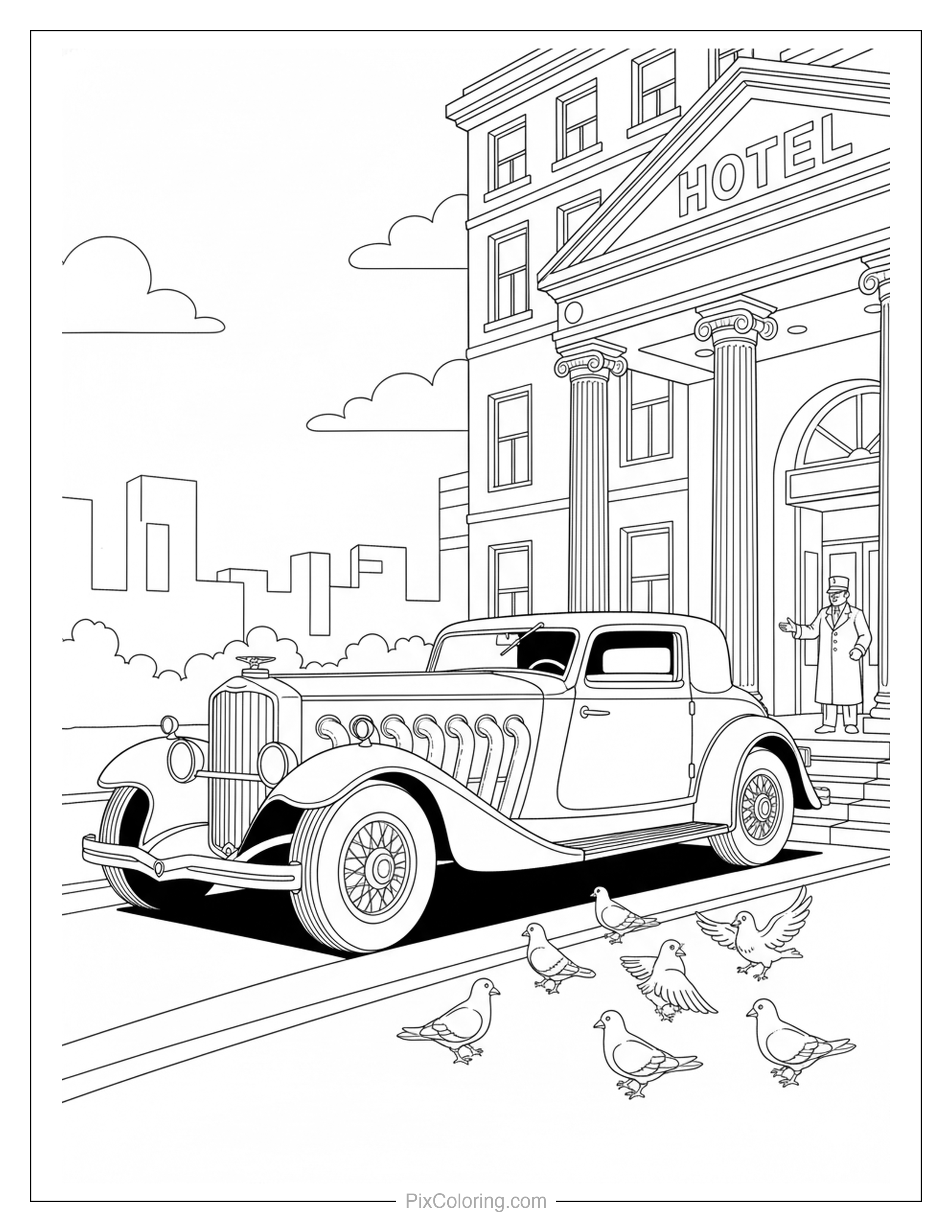 Classic vintage car parked outside a hotel with pigeons on the street coloring page for kids