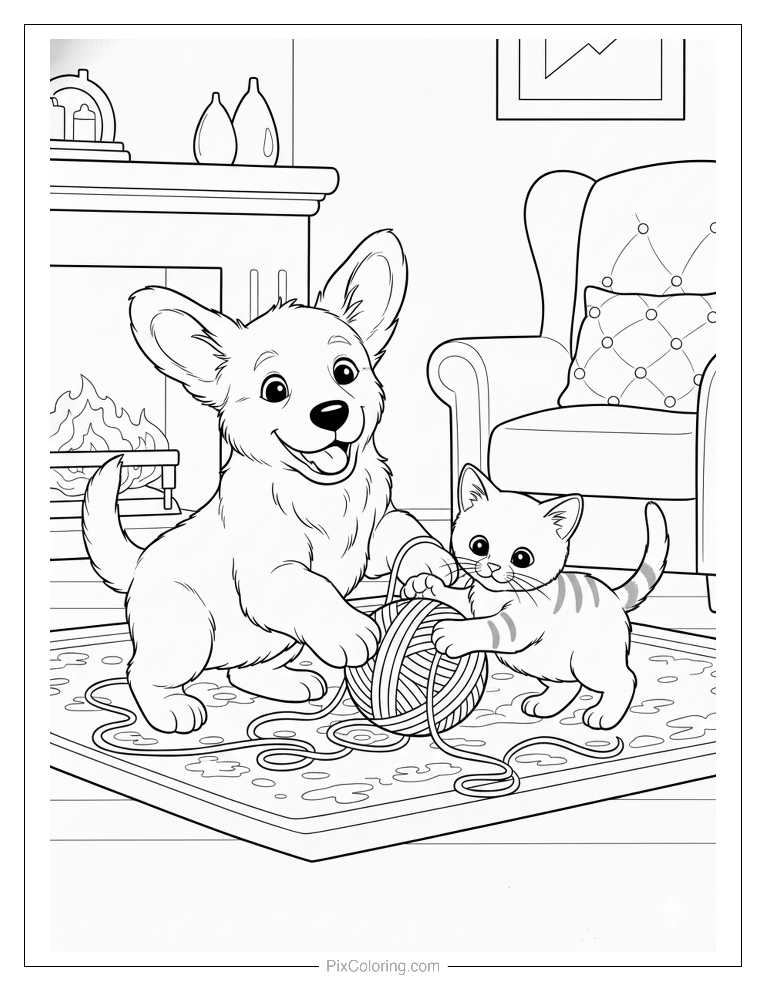 Cute corgi puppy and striped kitten playing with a yarn ball in a cozy living room coloring page for kids