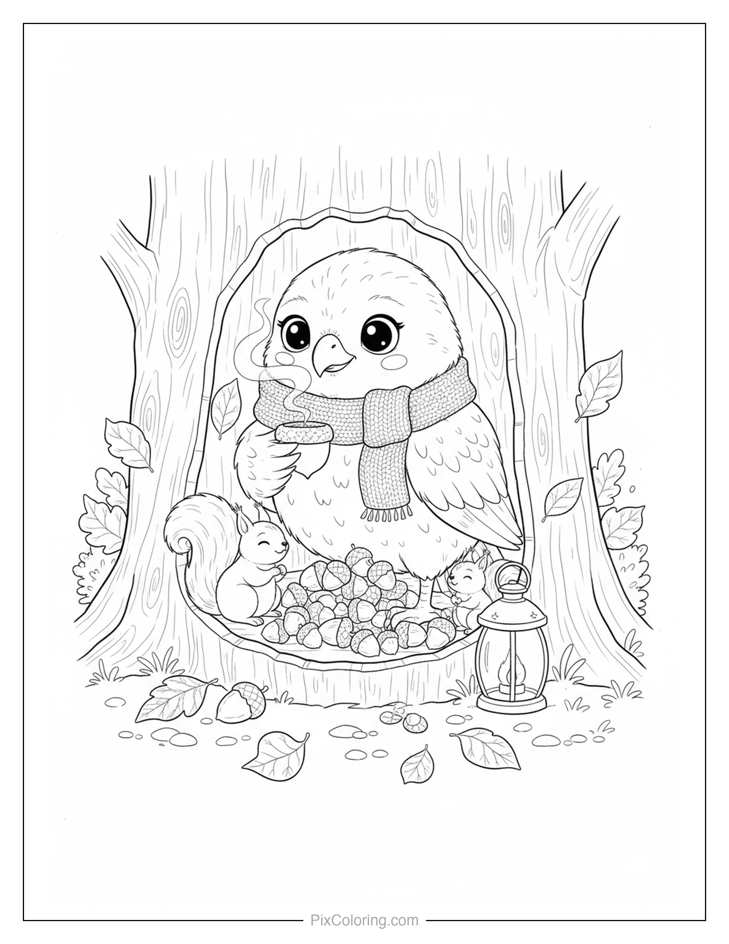 A cute owl wearing a scarf sitting in a cozy tree hollow with a cup of cocoa, squirrels, and acorns in autumn coloring page for kids