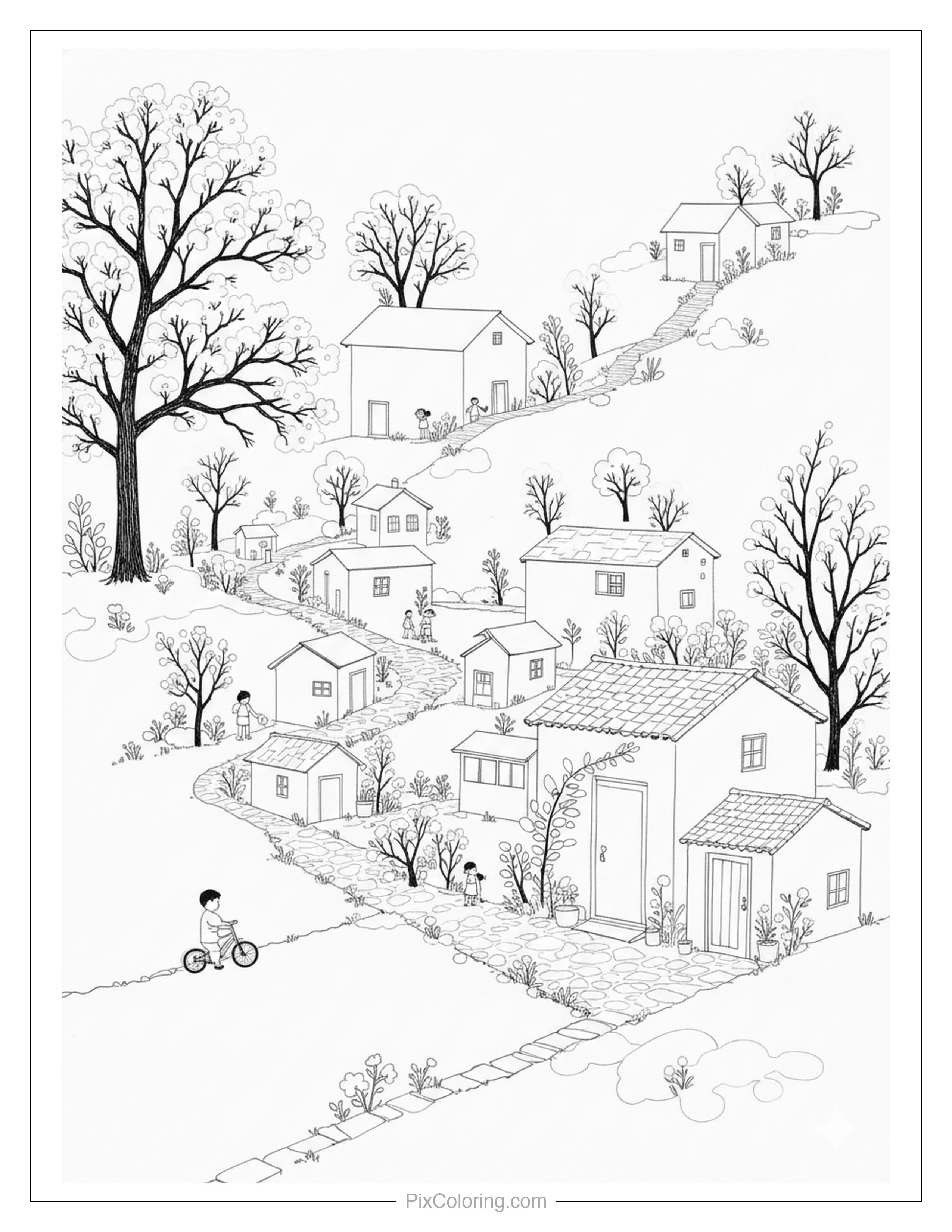A charming autumn village scene with winding roads, cozy houses, bare trees, and children walking and riding a bike coloring page for kids
