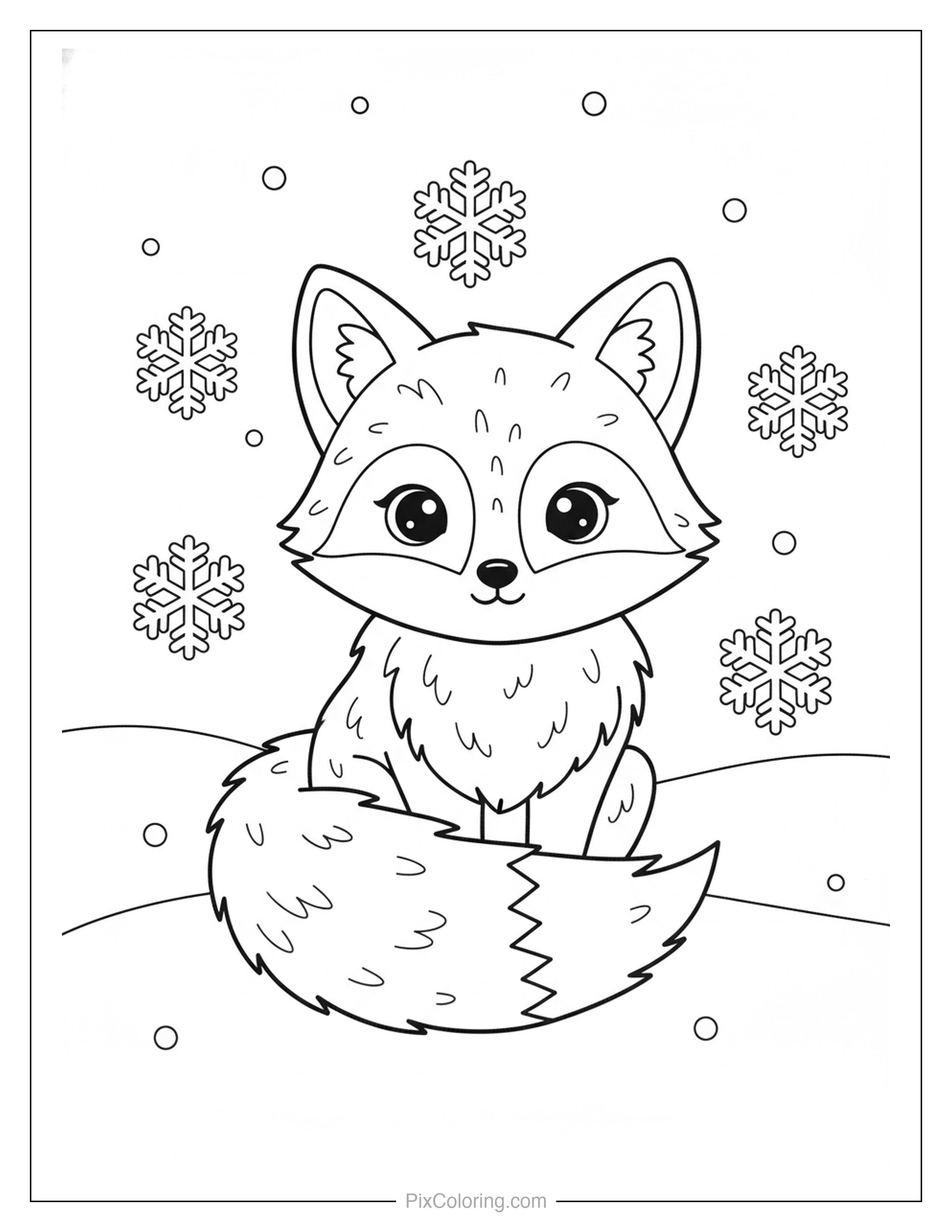Fluffy arctic fox with big dark eyes sitting in the snow surrounded by falling snowflakes coloring page for kids