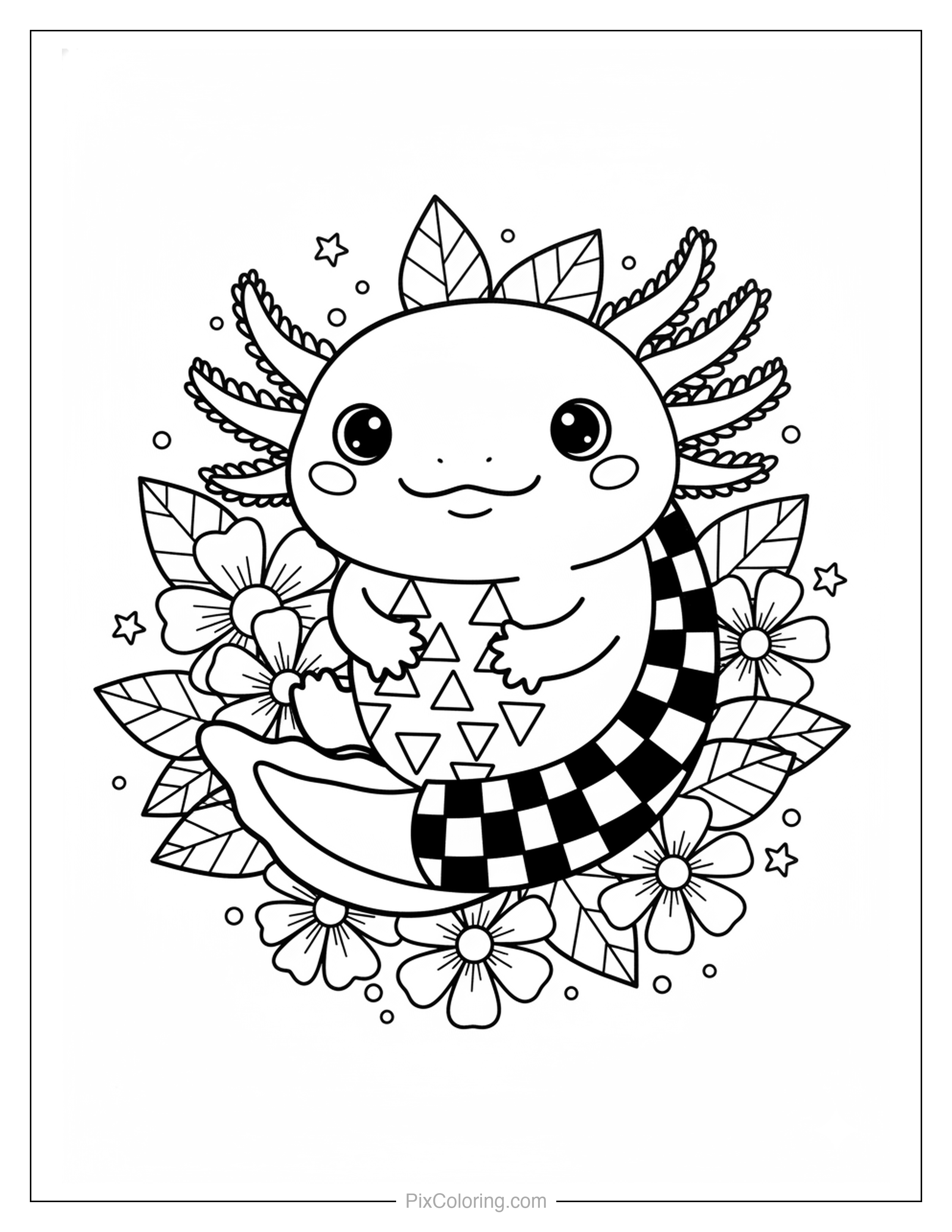 An adorably round axolotl with a checkered and triangle-patterned tail nestled among large decorative flowers and leaves coloring page for kids