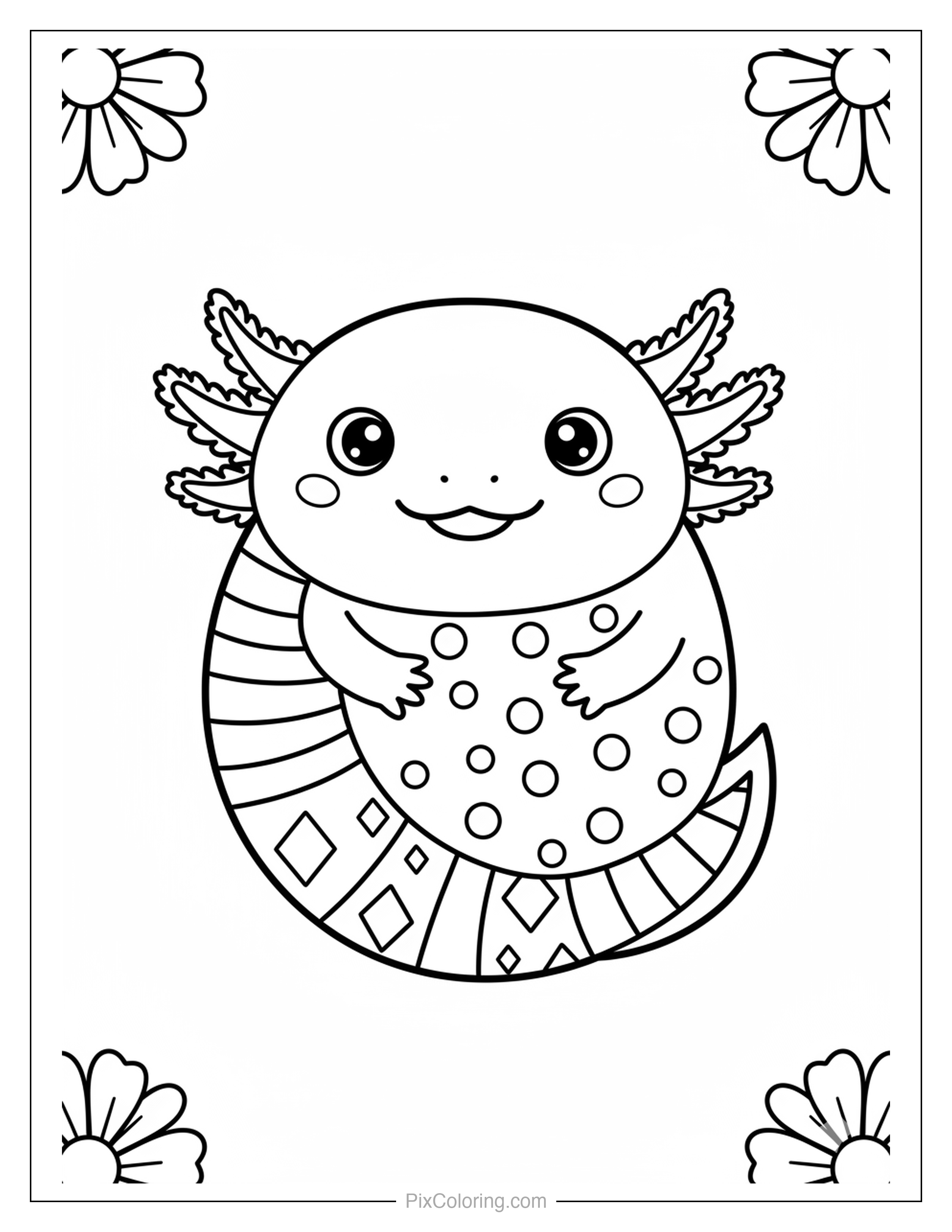 An adorably round axolotl with a patterned tail curled up smiling, framed by little flowers in the corners coloring page for kids