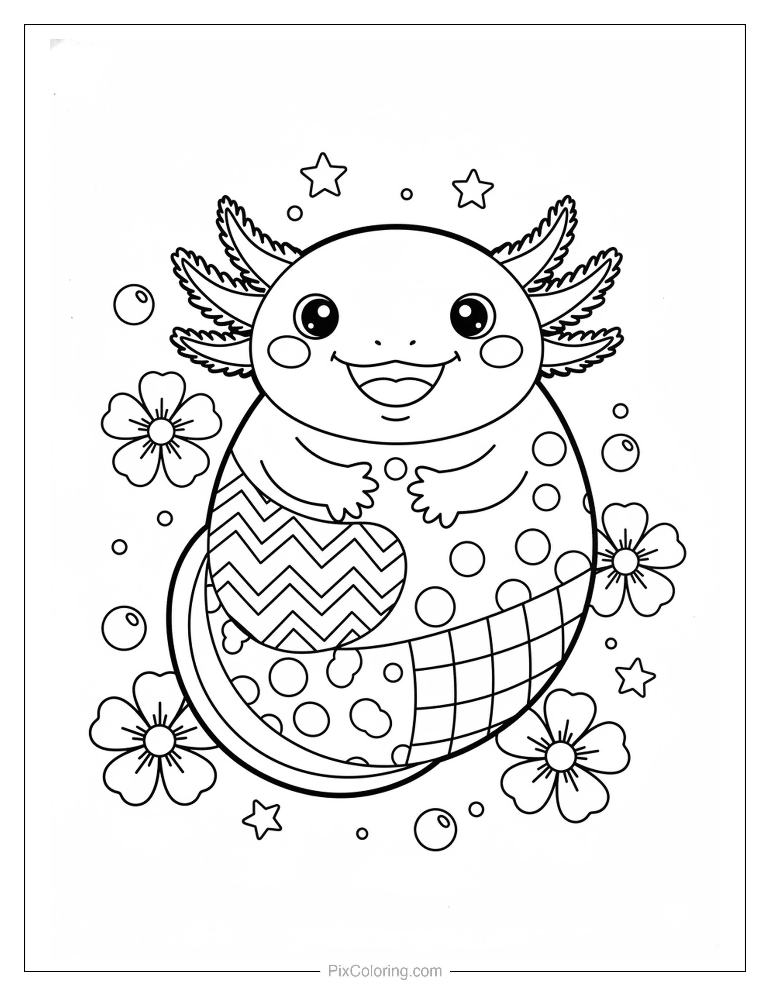 An adorably chubby axolotl smiling and surrounded by flowers, bubbles, and little stars coloring page for kids