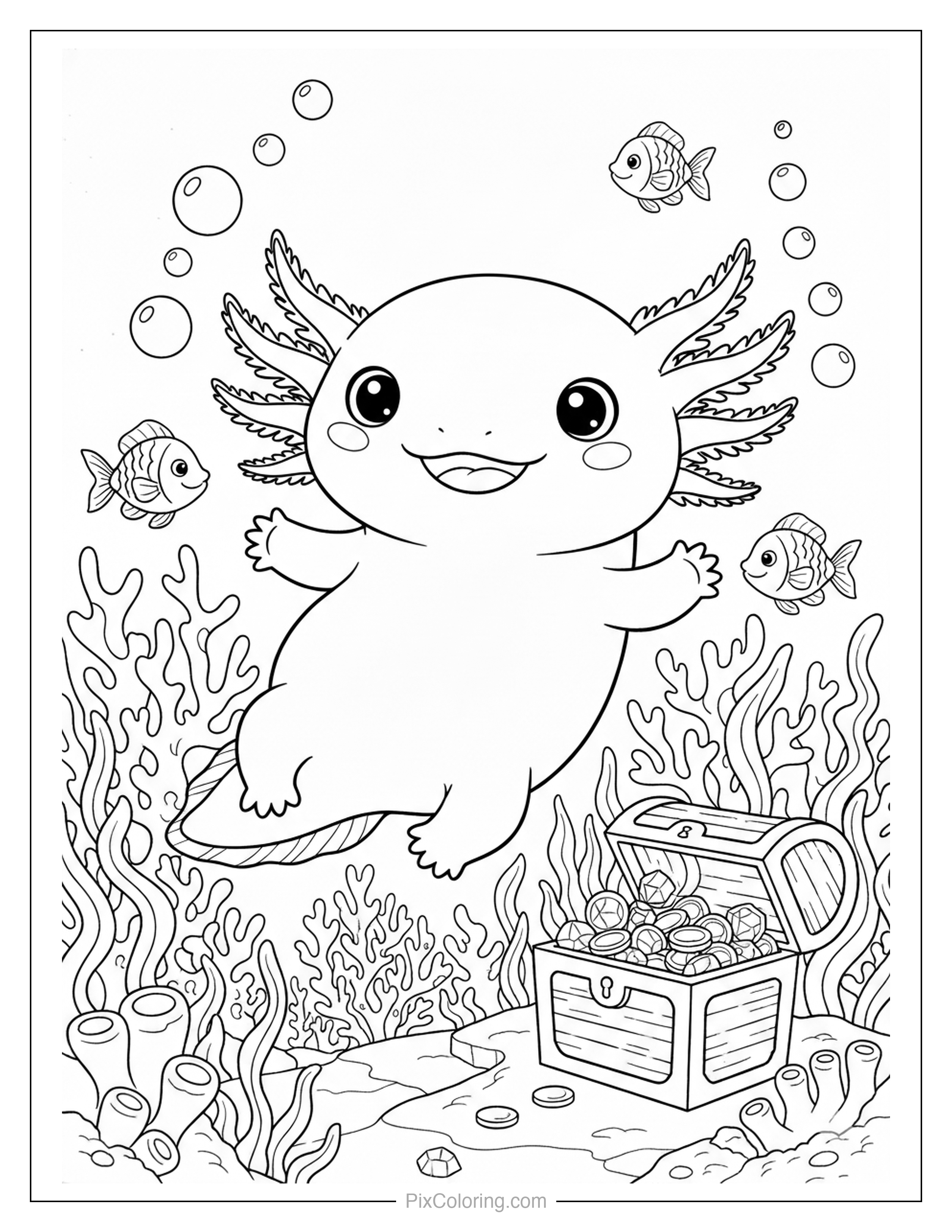 An adorable axolotl swimming underwater past colorful coral and sea plants with an open treasure chest on the ocean floor coloring page for kids