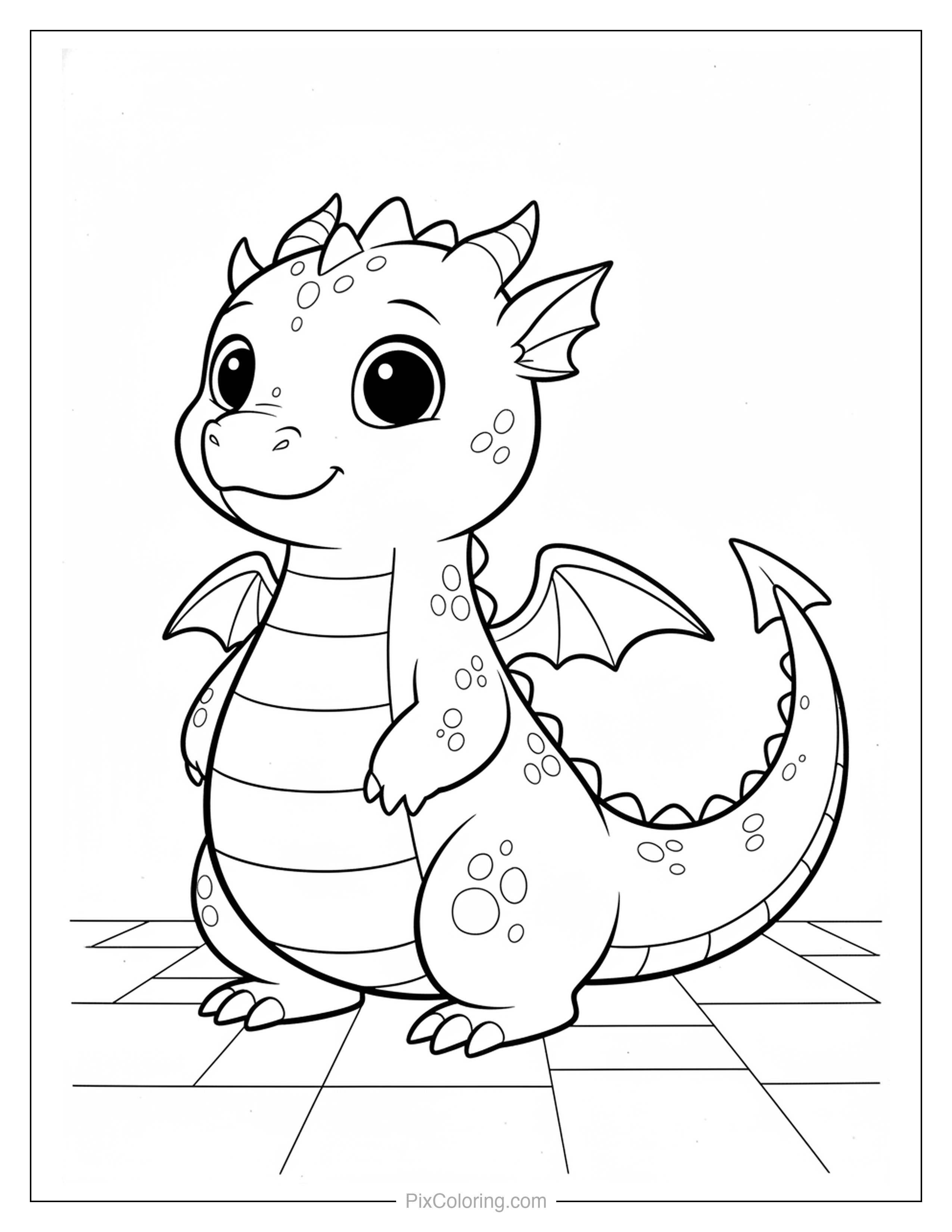 Adorable cute baby dragon with tiny wings, big eyes, and little horns standing and smiling coloring page for kids