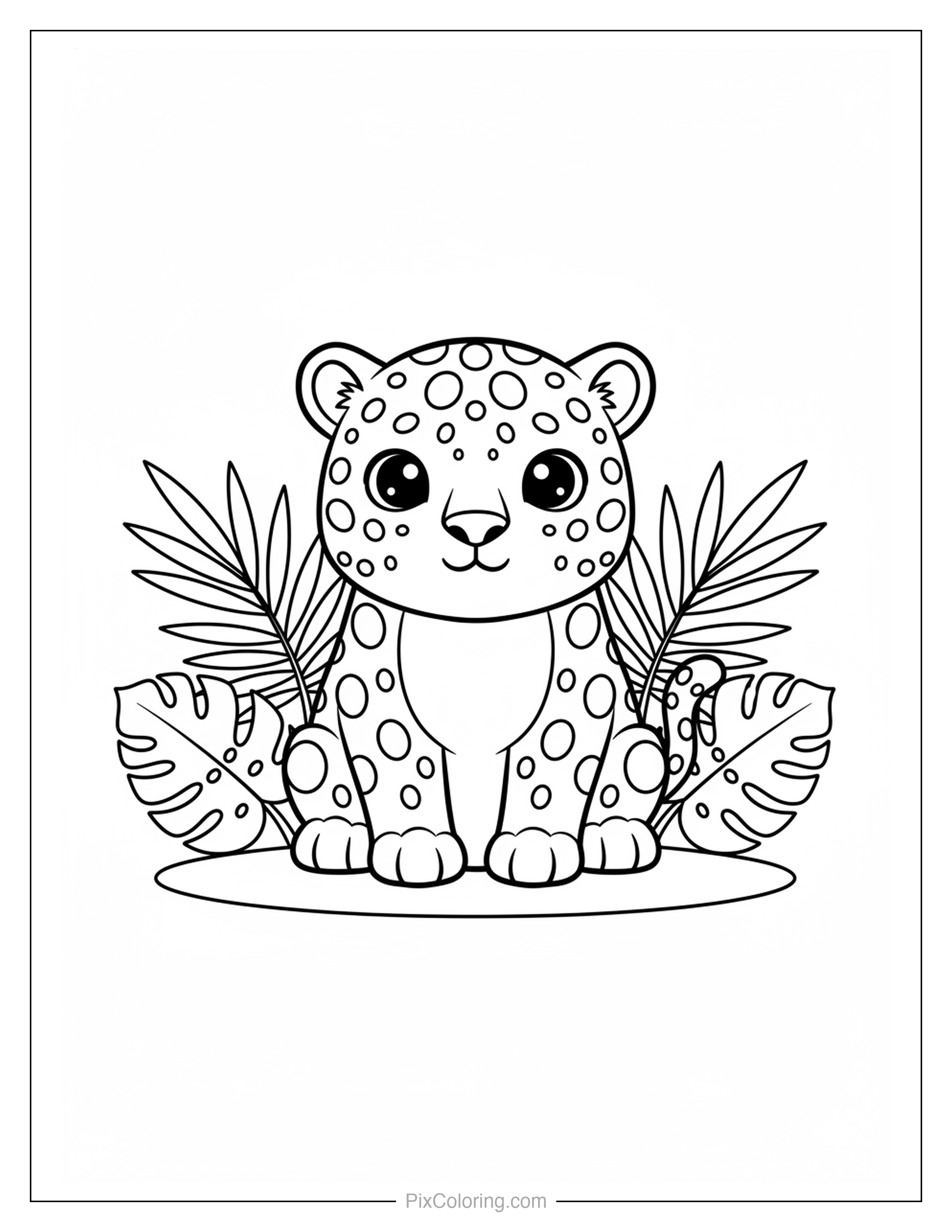 Adorably round baby jaguar cub with spotted fur and huge gentle eyes sitting among tropical palm and monstera leaves coloring page for kids