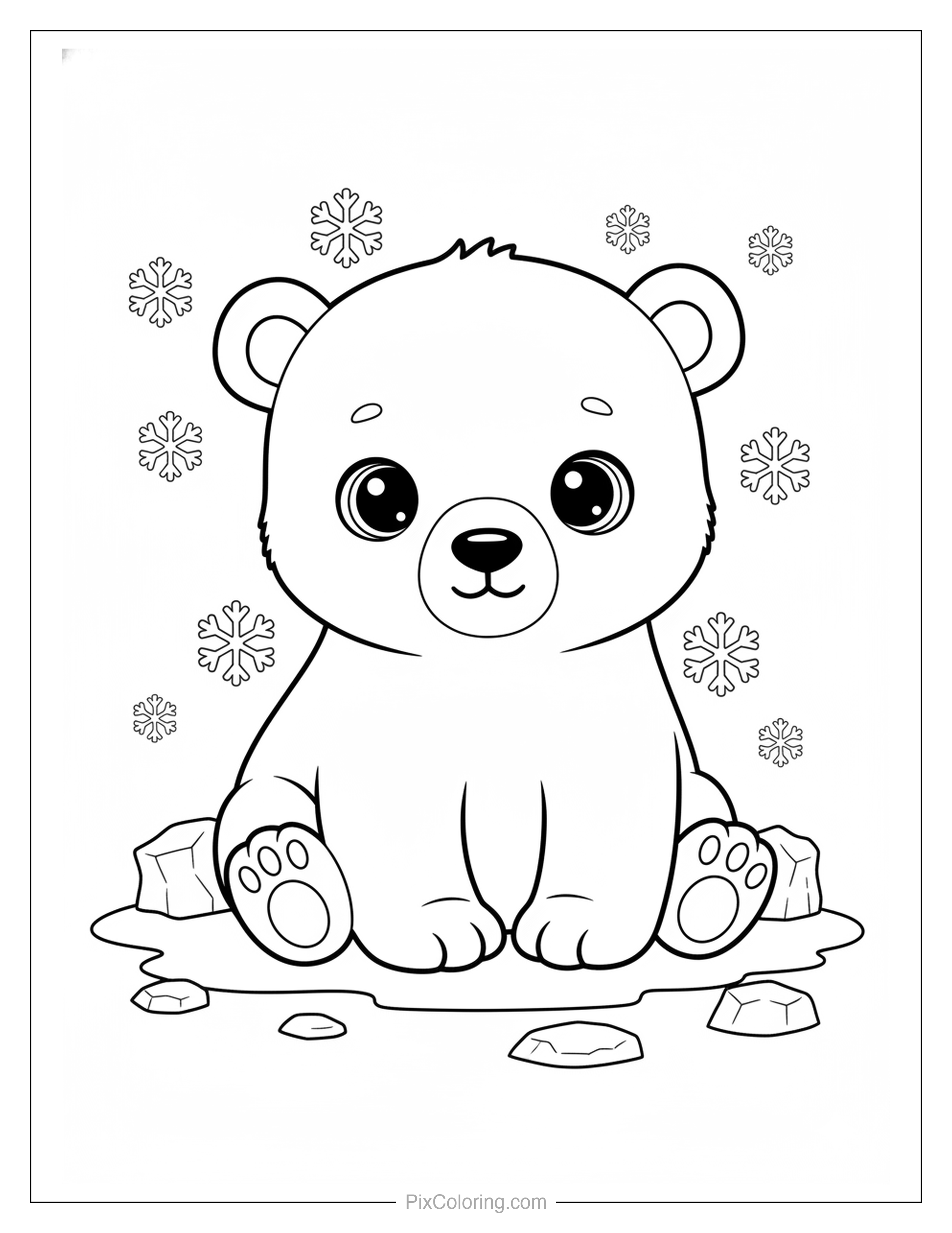 Adorable baby polar bear with big round eyes sitting among ice chunks and falling snowflakes coloring page for kids