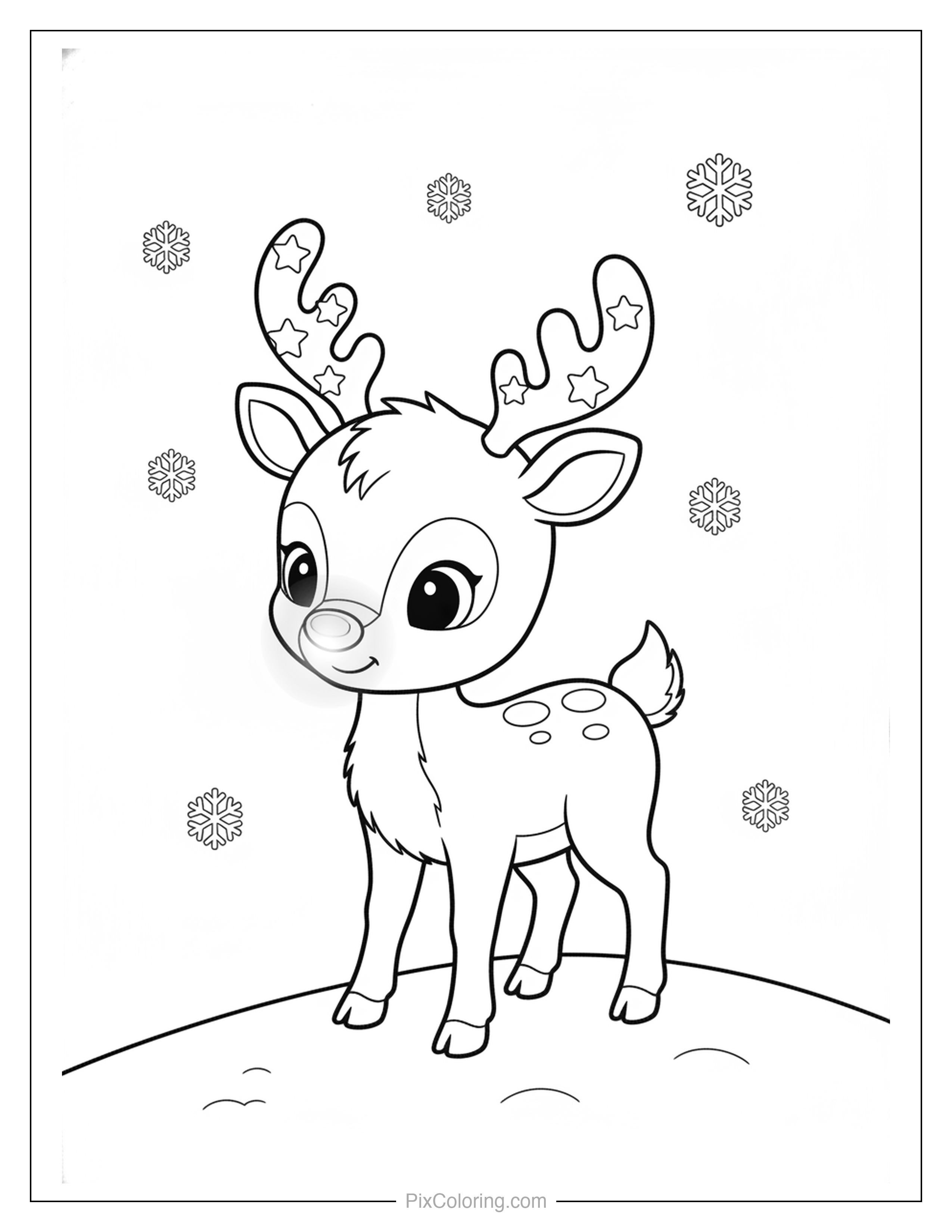 Sweet baby reindeer with star-decorated antlers standing in the snow with snowflakes falling around it coloring page for kids