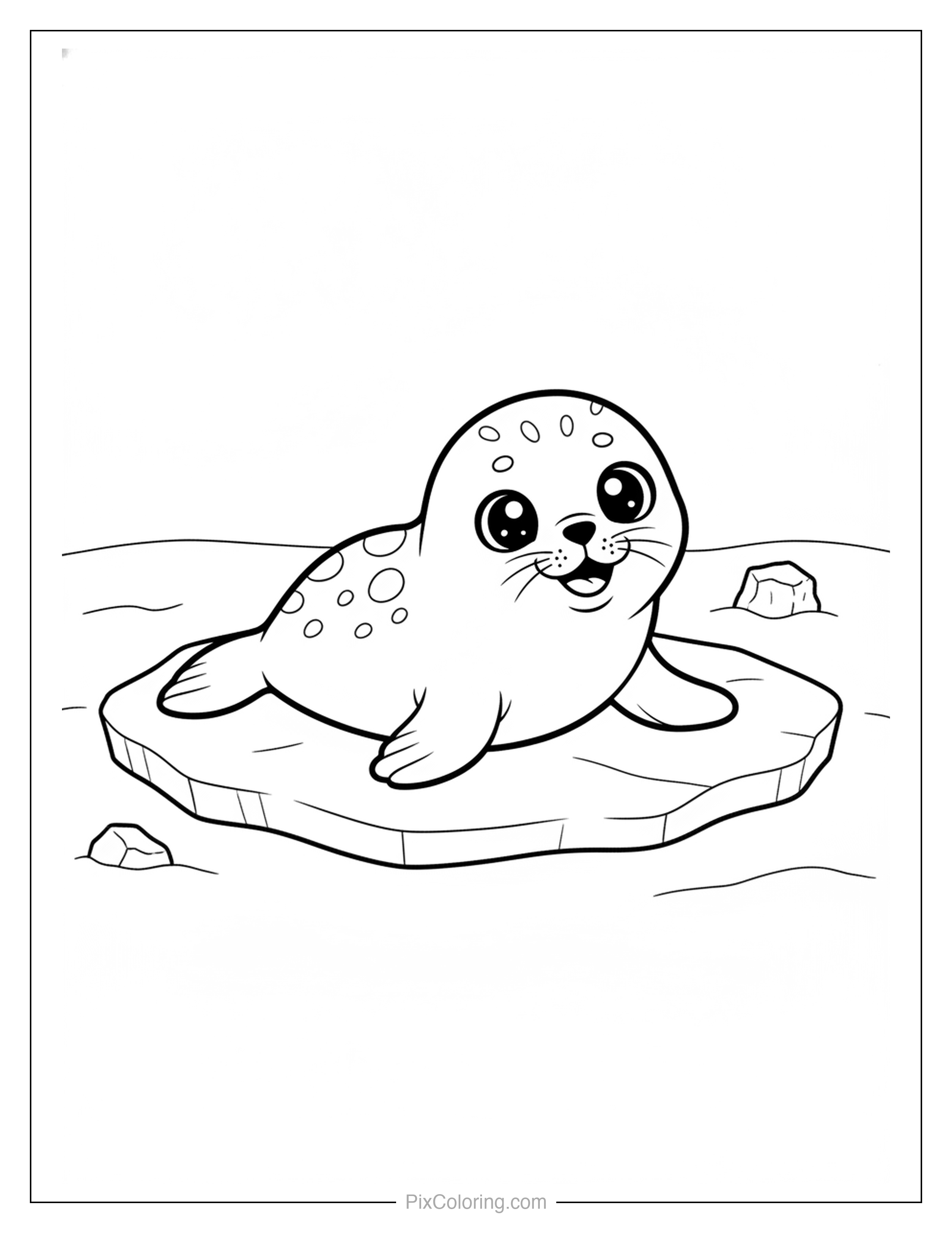 Adorable spotty baby harp seal with big shiny eyes resting on a floating ice floe in the arctic ocean coloring page for kids