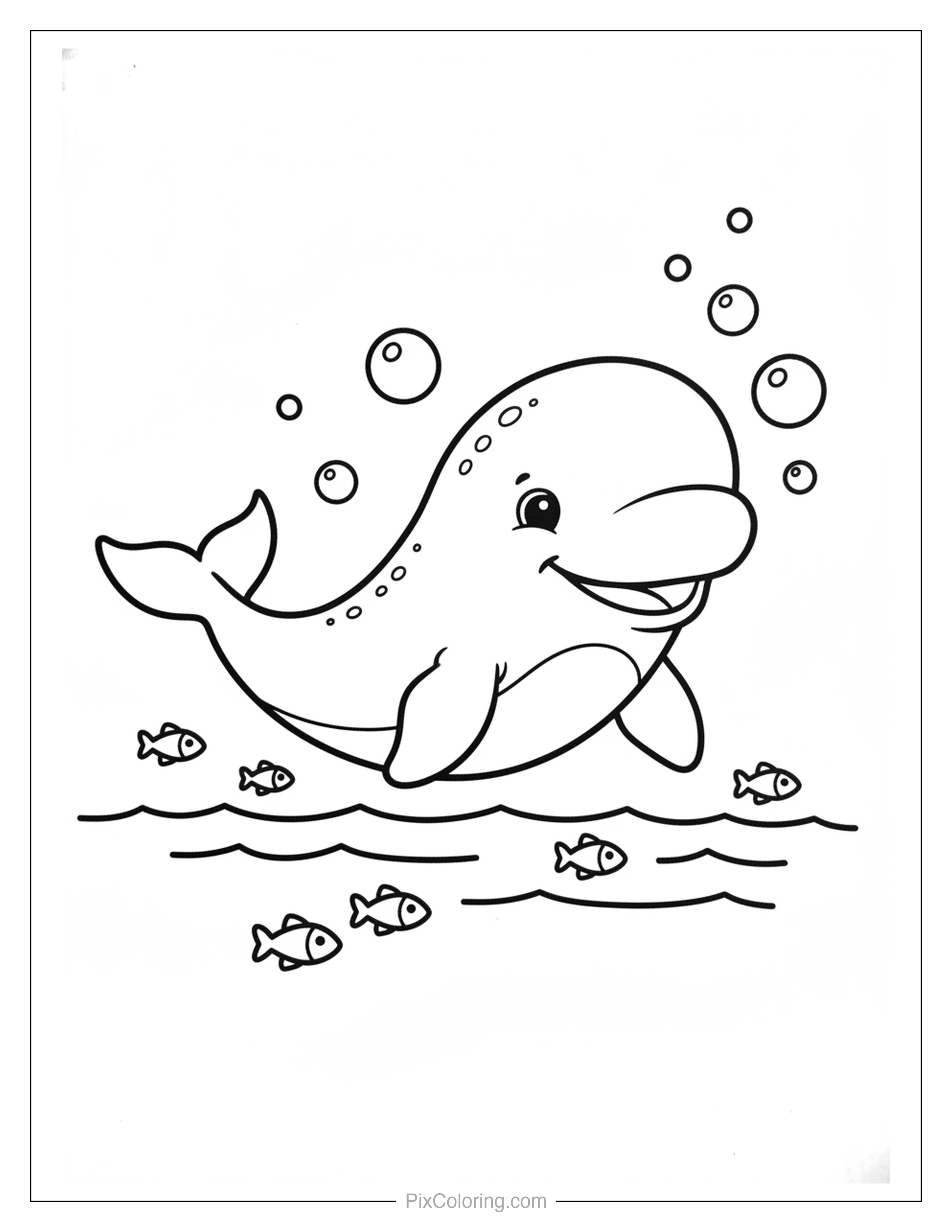 Smiling baby beluga whale swimming through bubbles surrounded by tiny fish near the ocean surface coloring page for kids