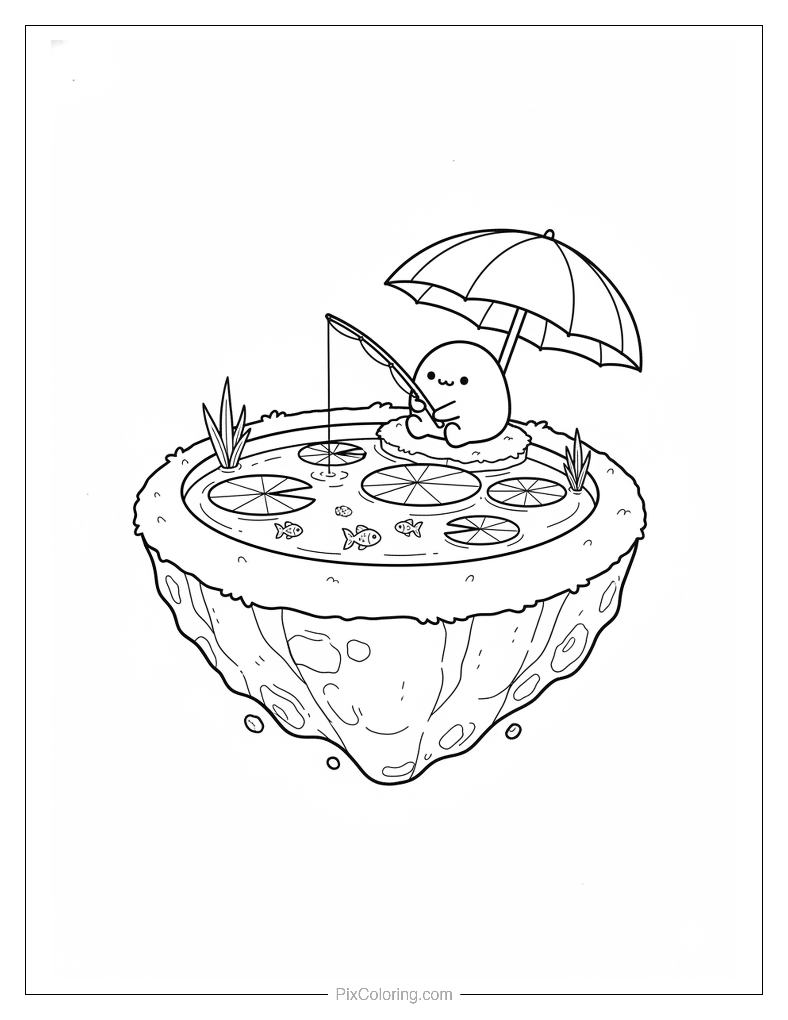 Cute round blob character fishing on a magical floating island with a beach umbrella and lily pad pond coloring page for kids