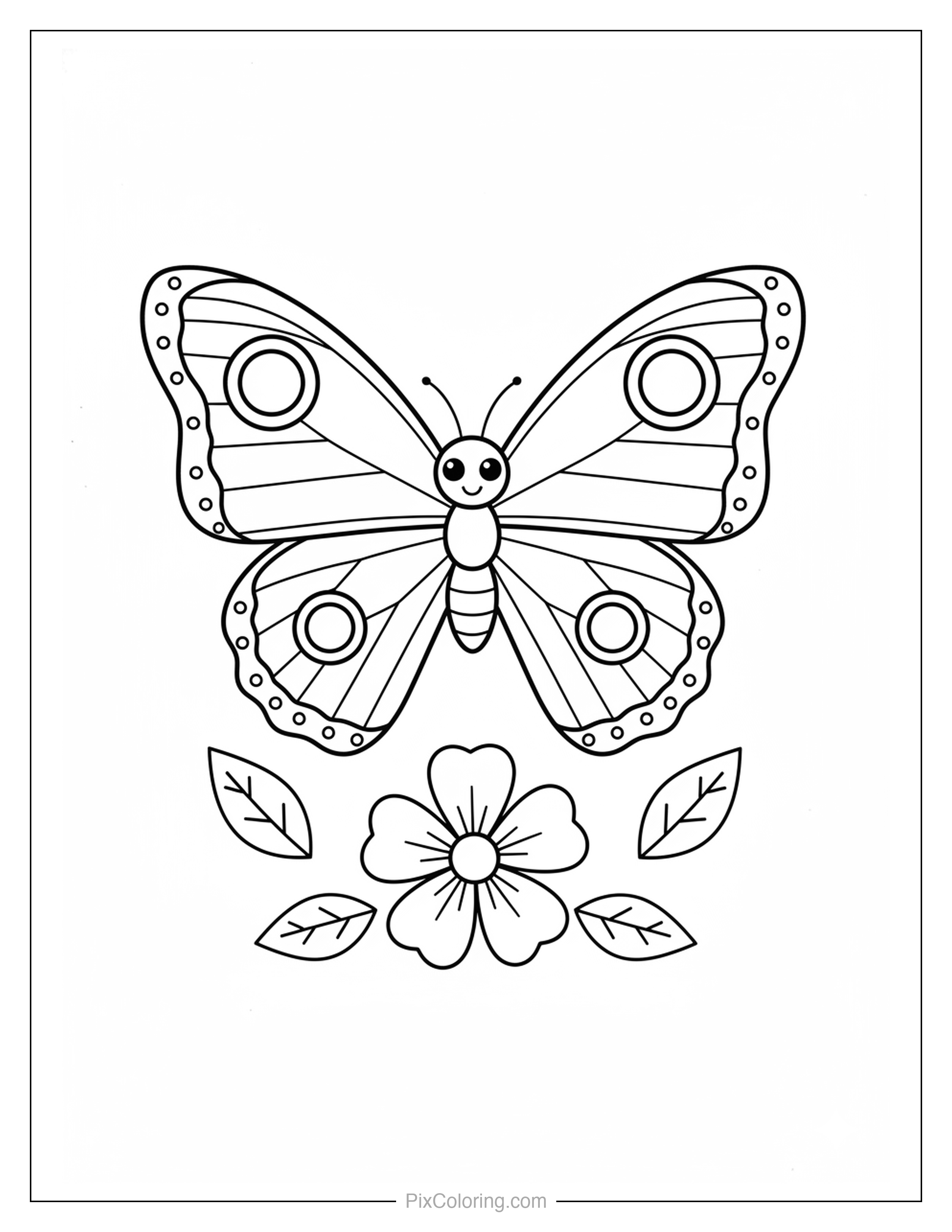 Beautiful butterfly with decorated wings and a happy face hovering above a simple flower with leaves coloring page for kids