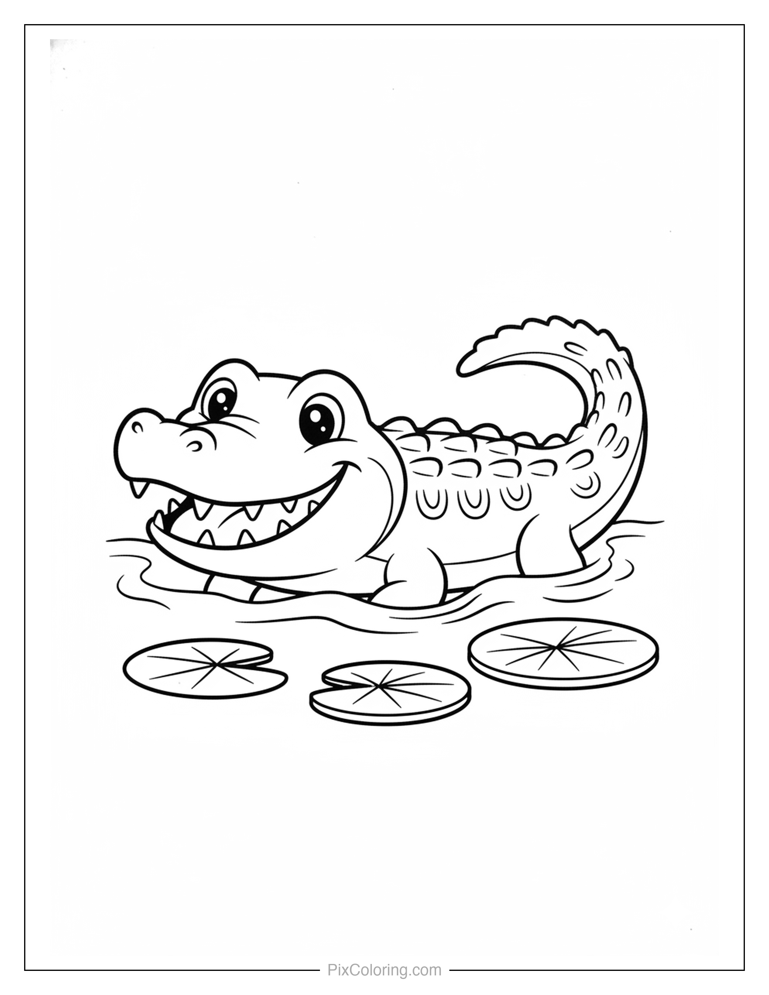 Friendly cartoon crocodile with a wide happy grin splashing in water with lily pads nearby coloring page for kids