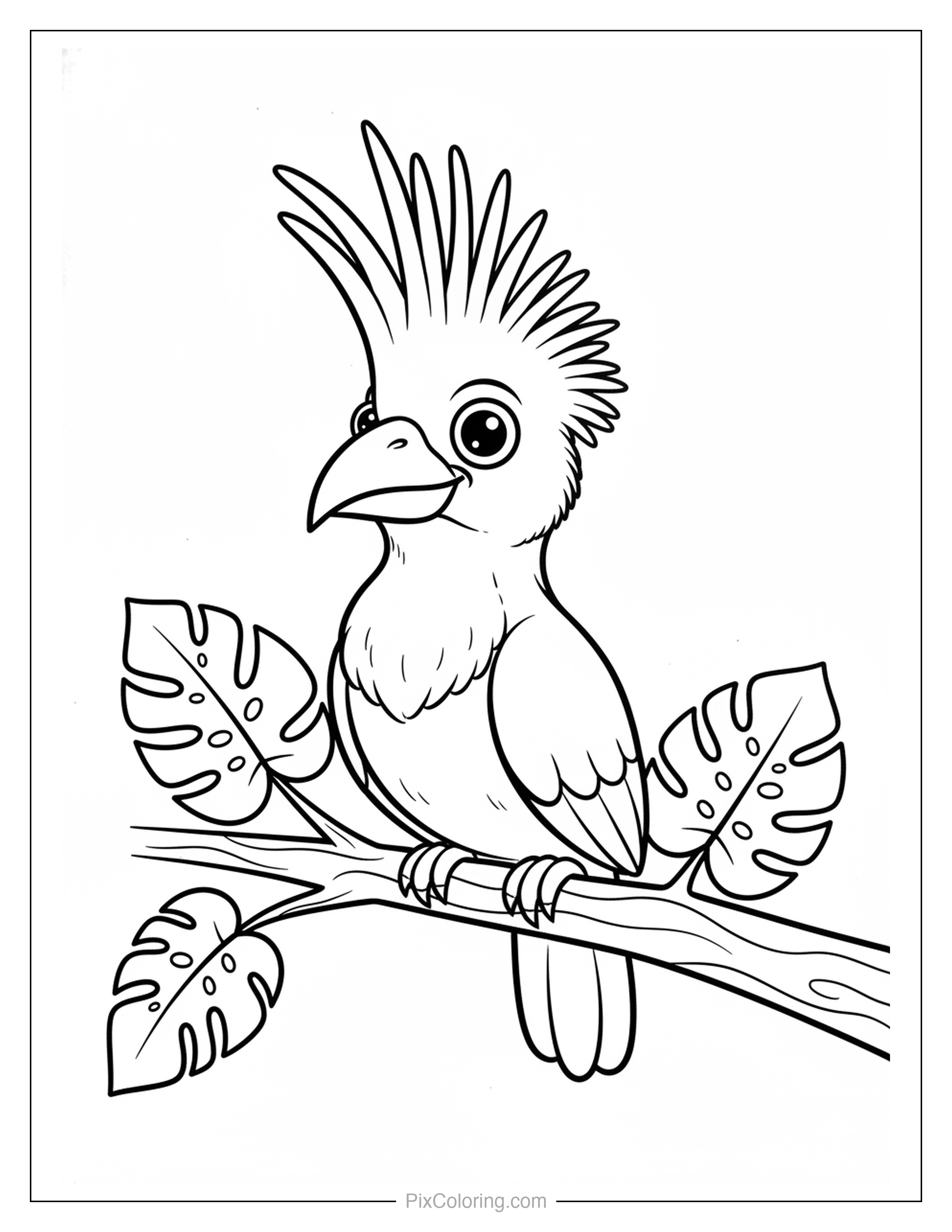 Cute crested bird with curious eyes perching on a tropical branch surrounded by lush monstera leaves coloring page for kids