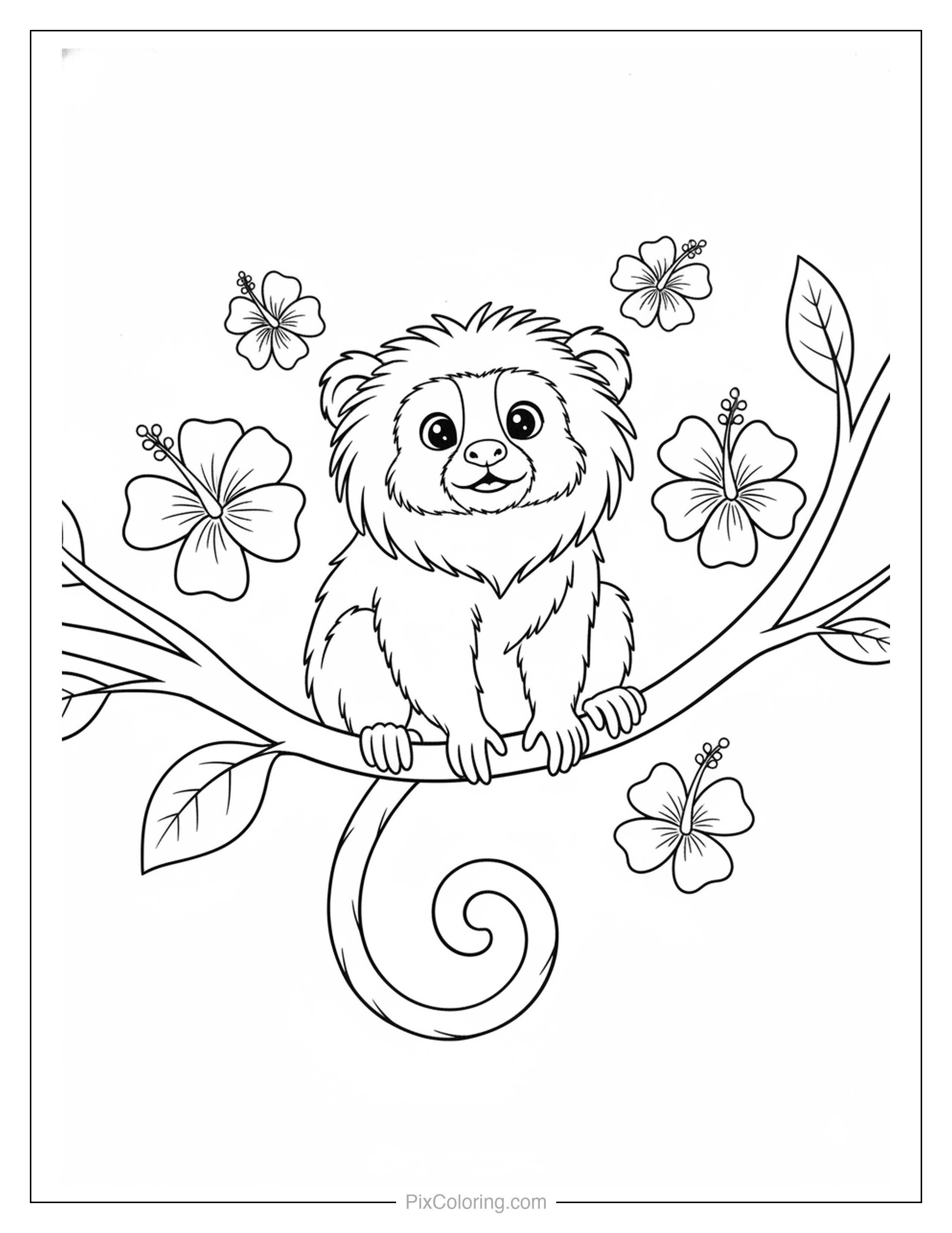 Cute fluffy marmoset monkey with bright eyes sitting on a branch surrounded by tropical hibiscus flowers coloring page for kids