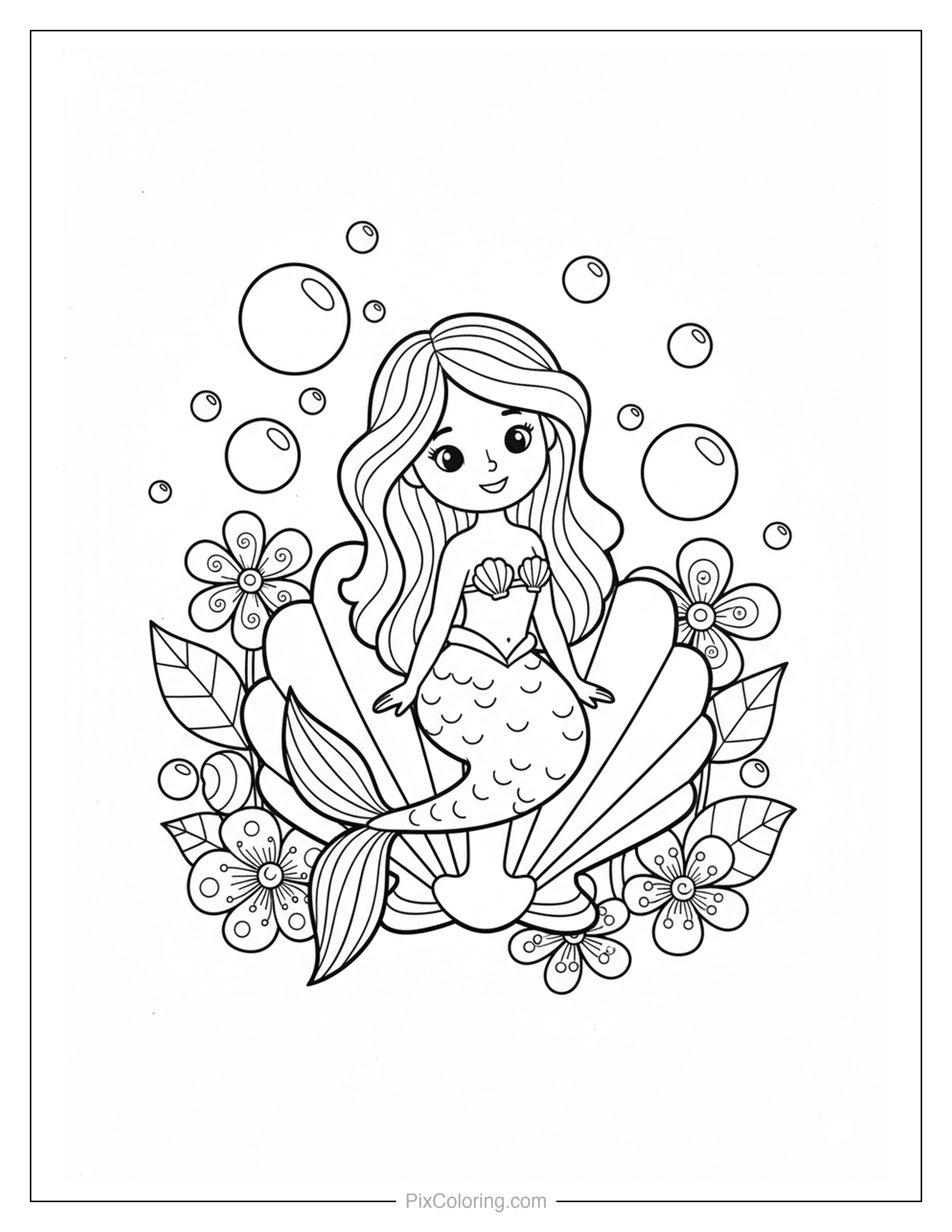 Cute mermaid with long hair sitting inside a giant open clam shell with sea flowers and bubbles around her coloring page for kids