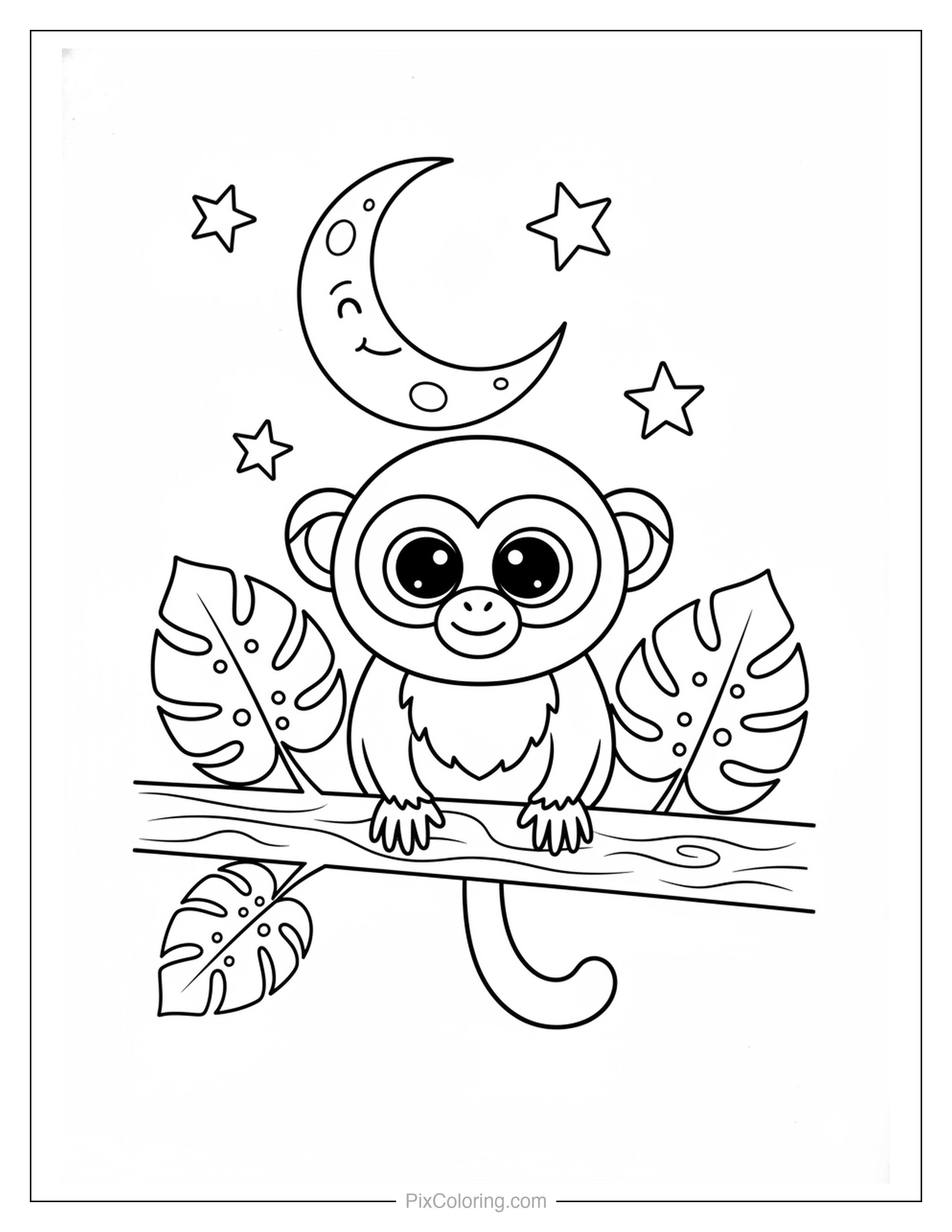 Cute monkey with big eyes sitting on a branch under a crescent moon and stars with tropical monstera leaves at night coloring page for kids