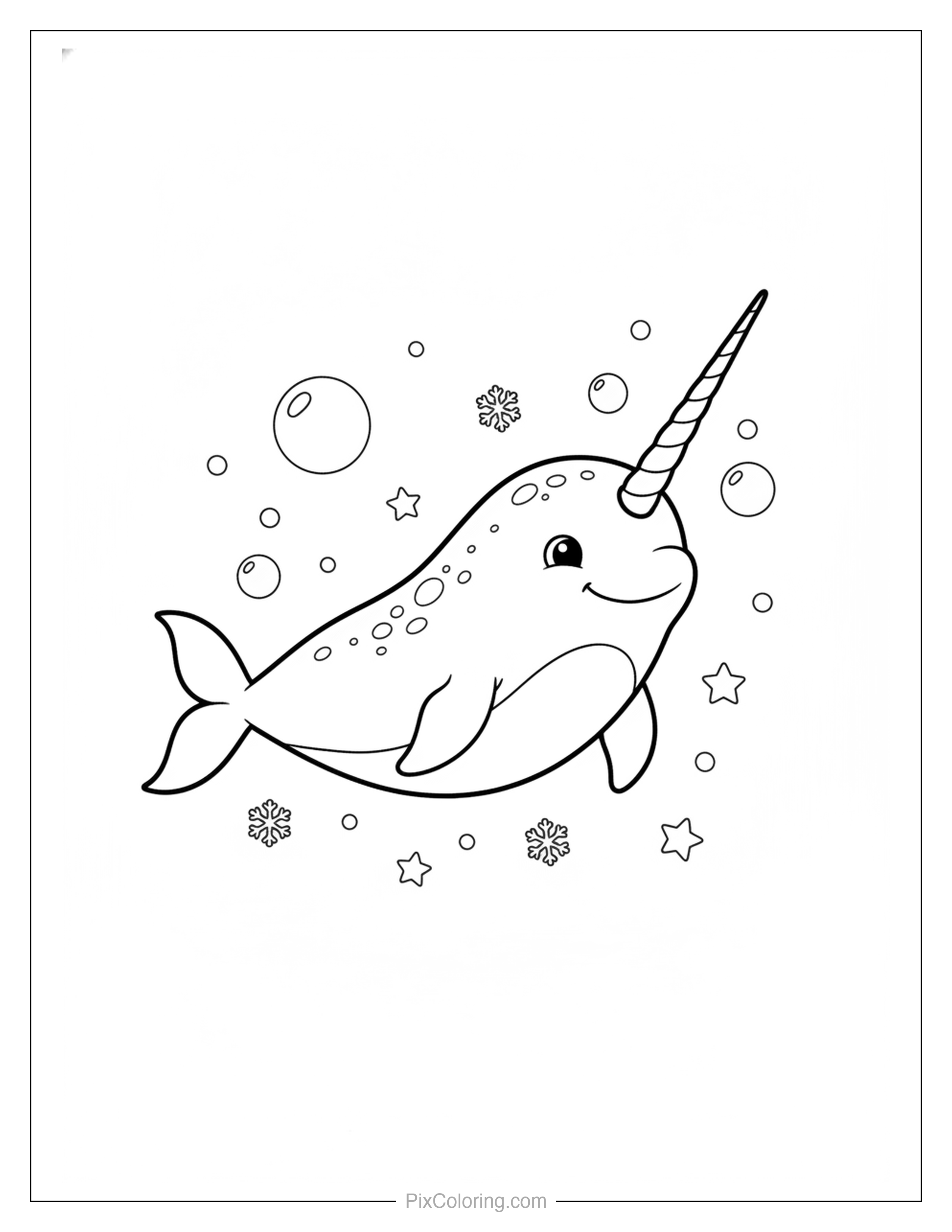 Smiling narwhal with a long spiral horn swimming through bubbles, stars, and snowflakes in the arctic ocean coloring page for kids