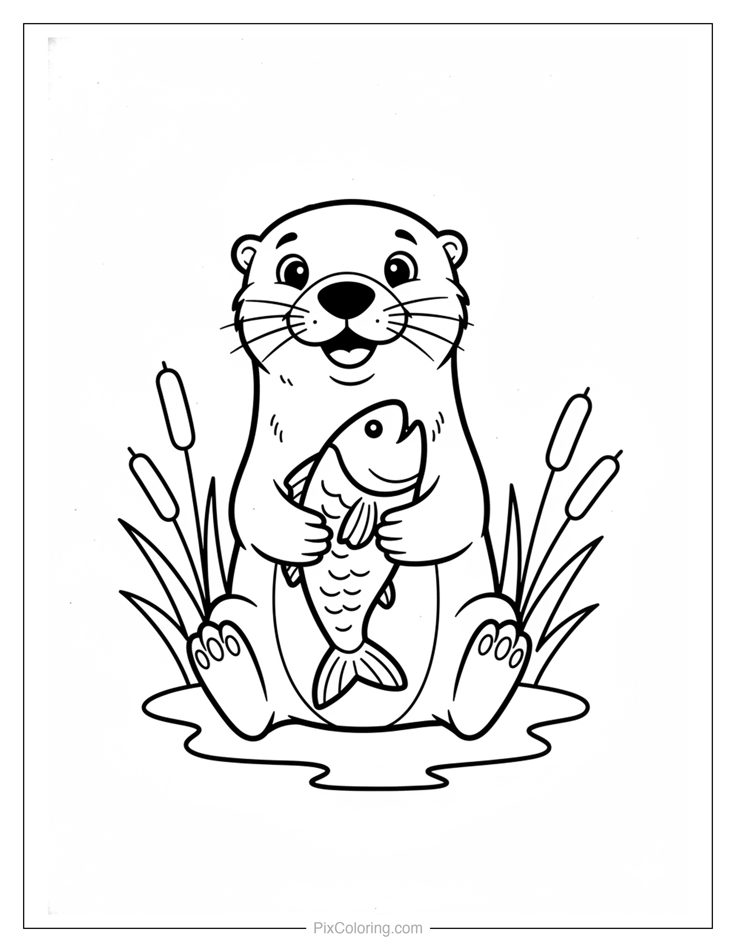 Chubby happy cartoon otter holding a big fish while standing in water with cattail reeds on both sides coloring page for kids