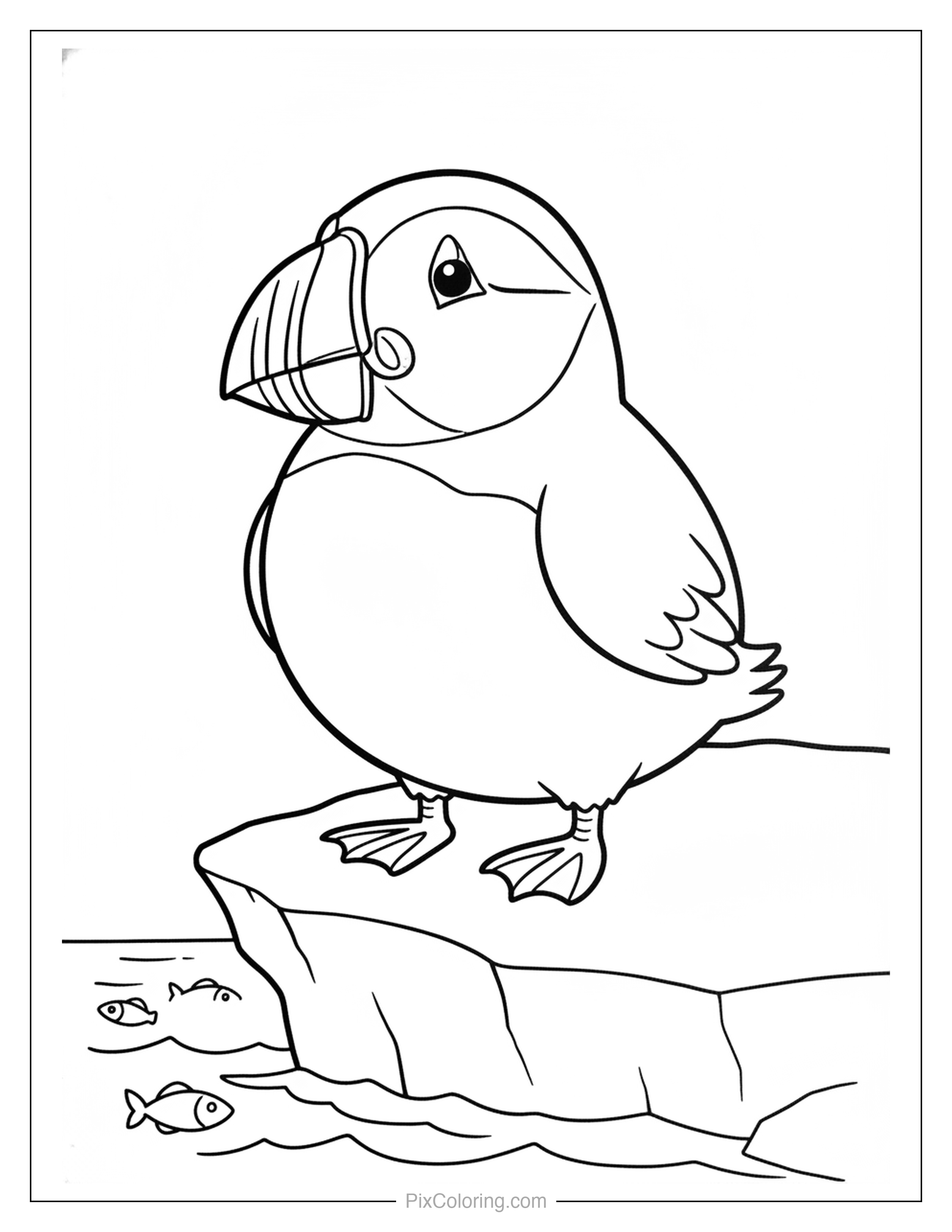 Chubby puffin with a striped beak standing on a rocky ice ledge by the water with small fish swimming below coloring page for kids