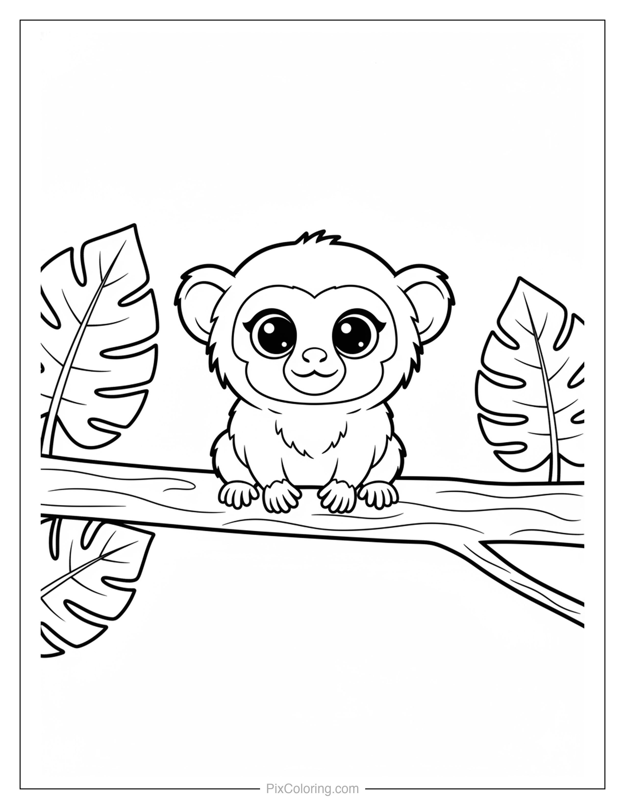 Adorable tiny pygmy marmoset monkey with huge round eyes sitting on a branch surrounded by large monstera leaves coloring page for kids