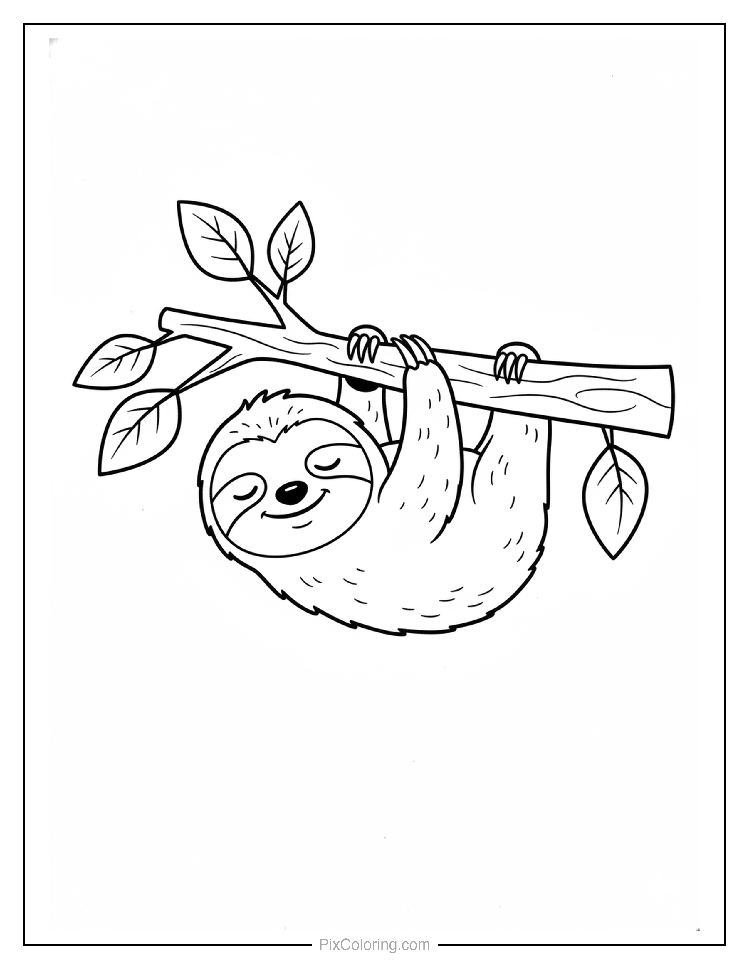 Fluffy happy sloth with a peaceful smile hanging upside down from a leafy tree branch coloring page for kids