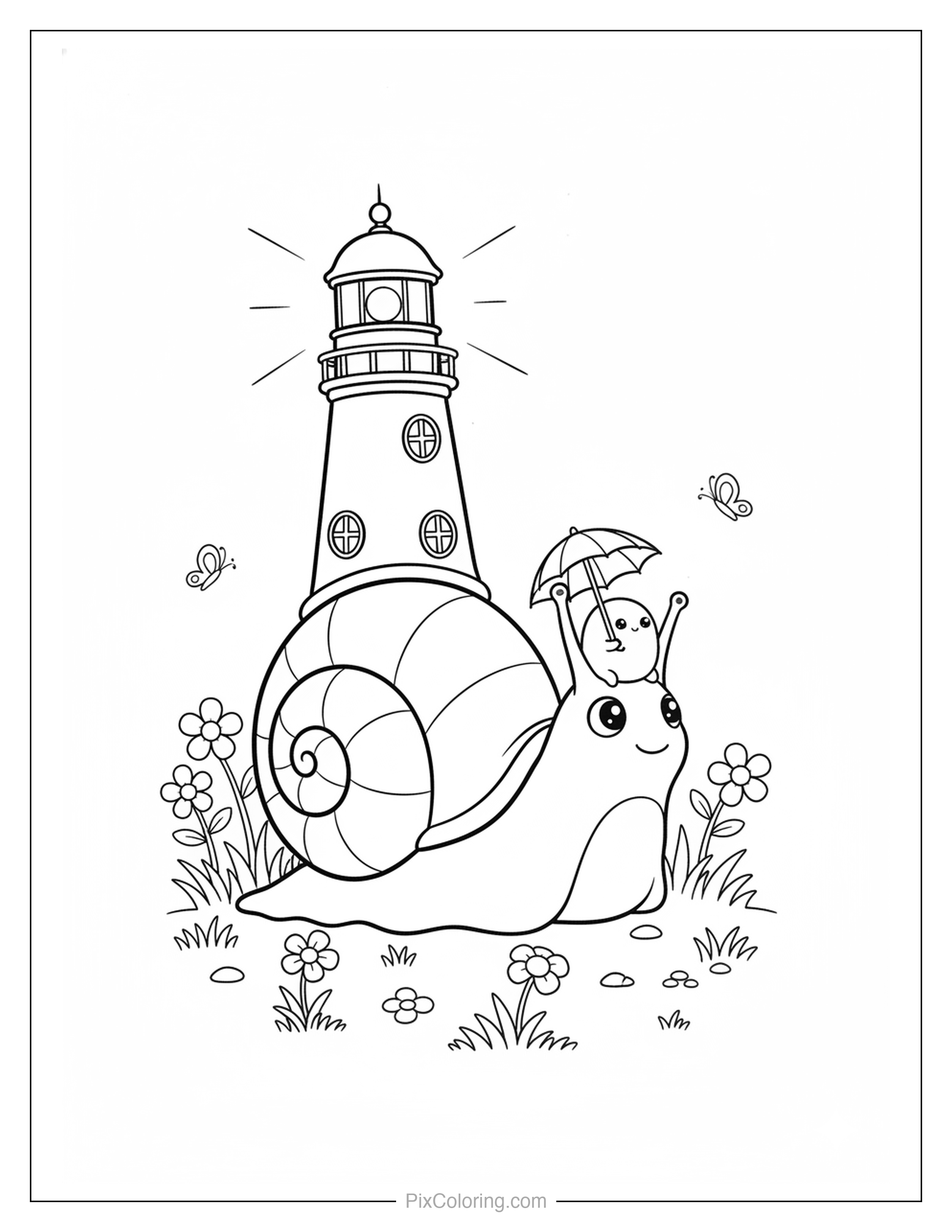 Cute snail with big eyes near a lighthouse with a tiny rider holding an umbrella on its shell, butterflies and flowers around coloring page for kids