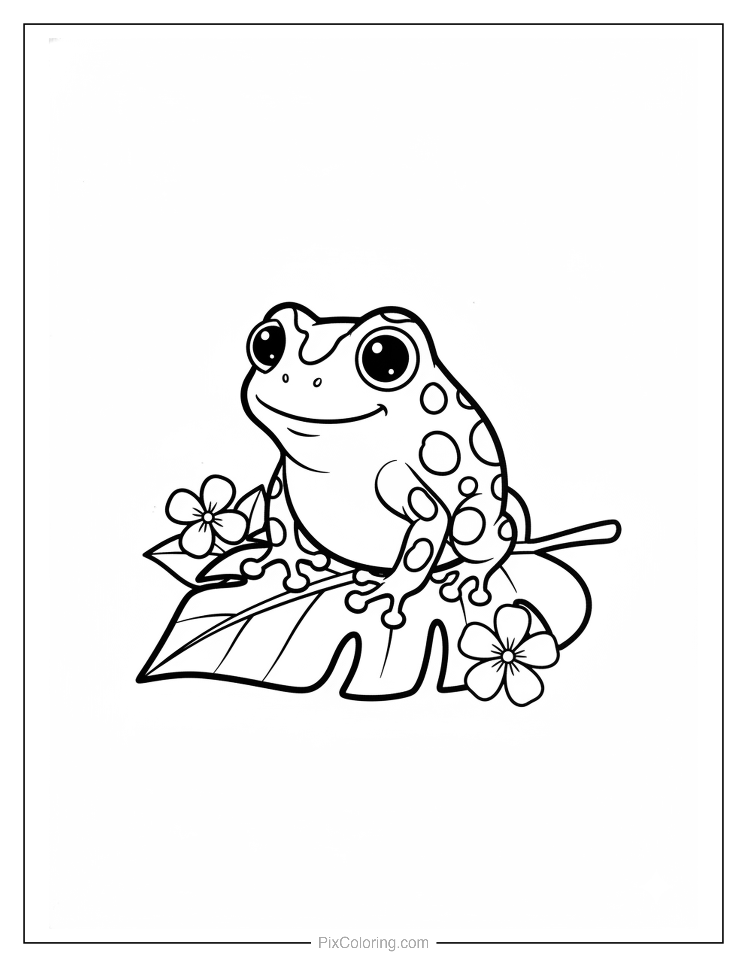 Round spotty frog with big cheerful eyes sitting on a large leaf surrounded by tiny flowers coloring page for kids