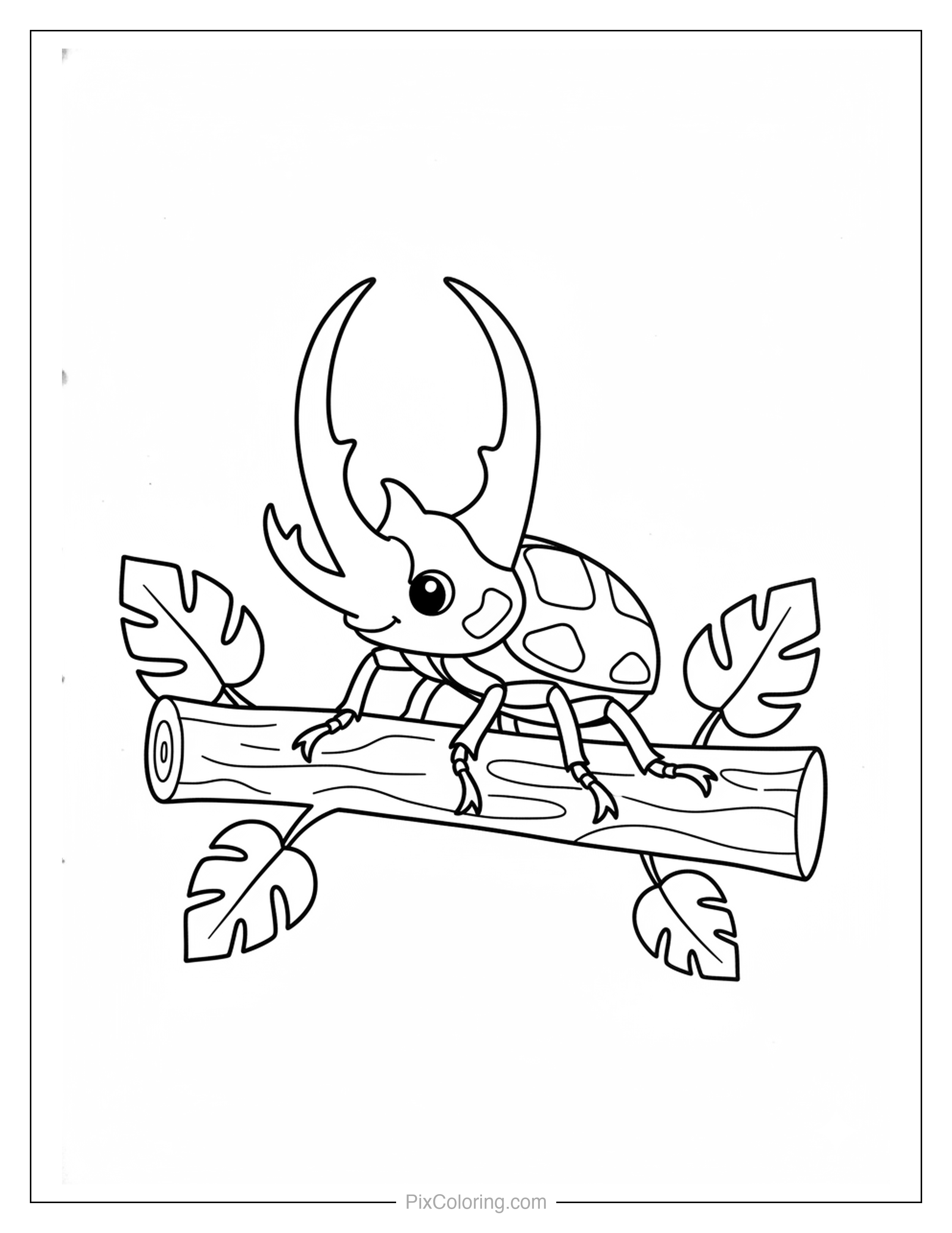 Cute cartoon stag beetle with impressive horns clinging to a log with tropical monstera leaves on both sides coloring page for kids