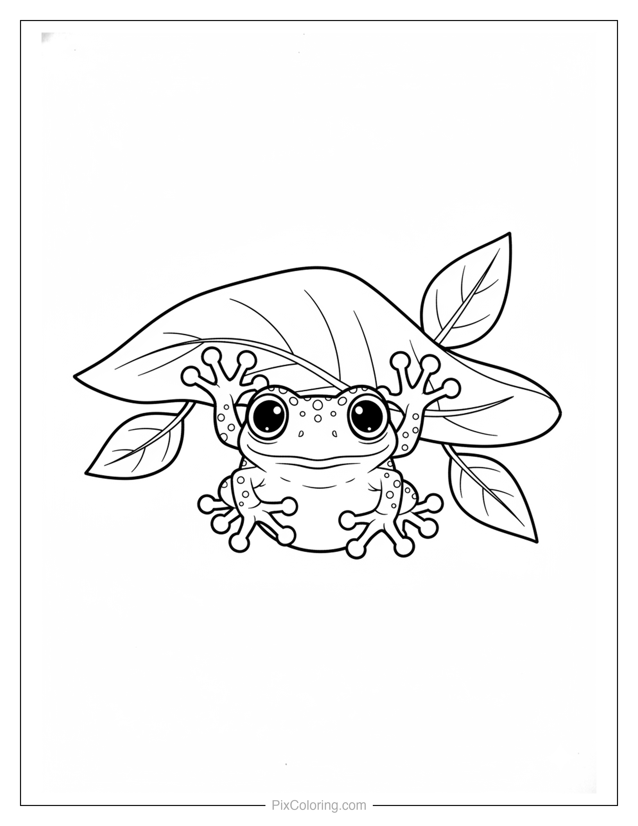 Tiny adorable tree frog with enormous round eyes peeking out from behind a large tropical leaf with sticky toes coloring page for kids