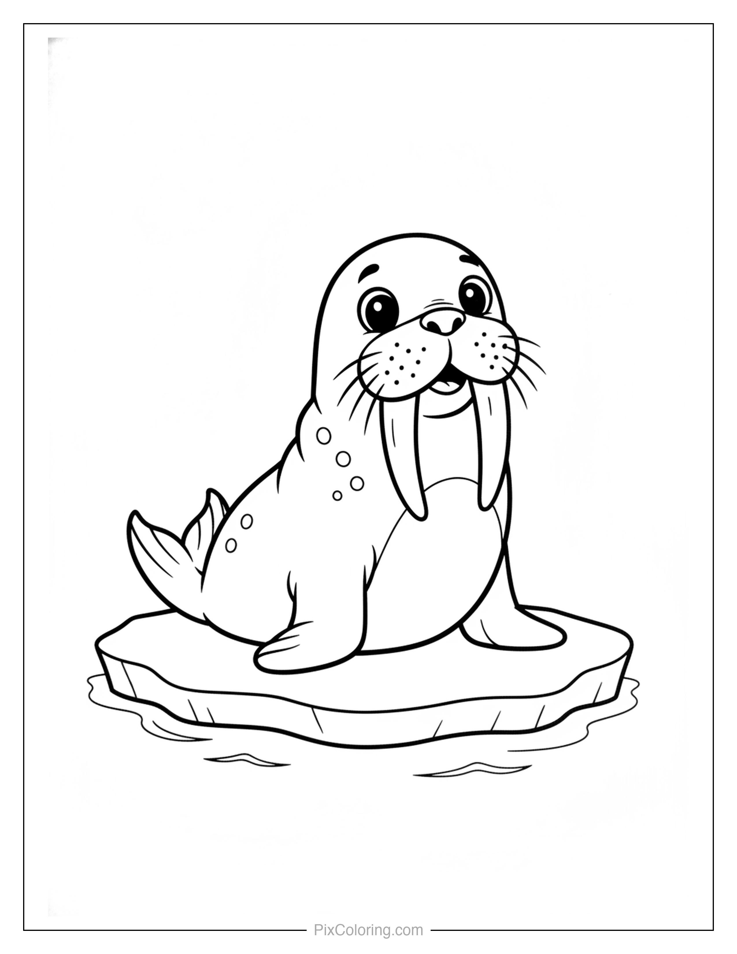 Chubby little walrus with big tusks and whiskers sitting proudly on a floating piece of arctic ice coloring page for kids