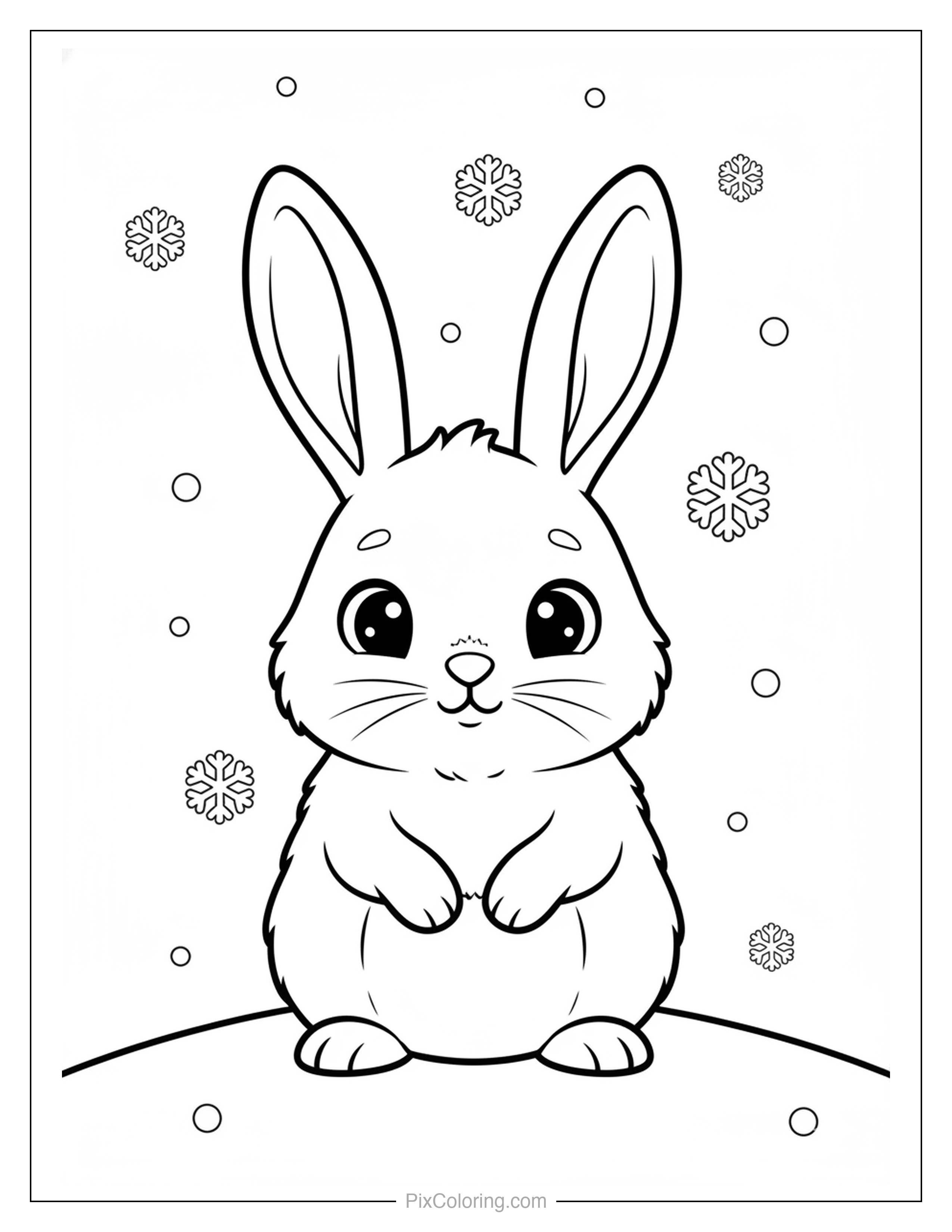 Fluffy round bunny with big eyes and tall ears sitting in the snow surrounded by falling snowflakes coloring page for kids