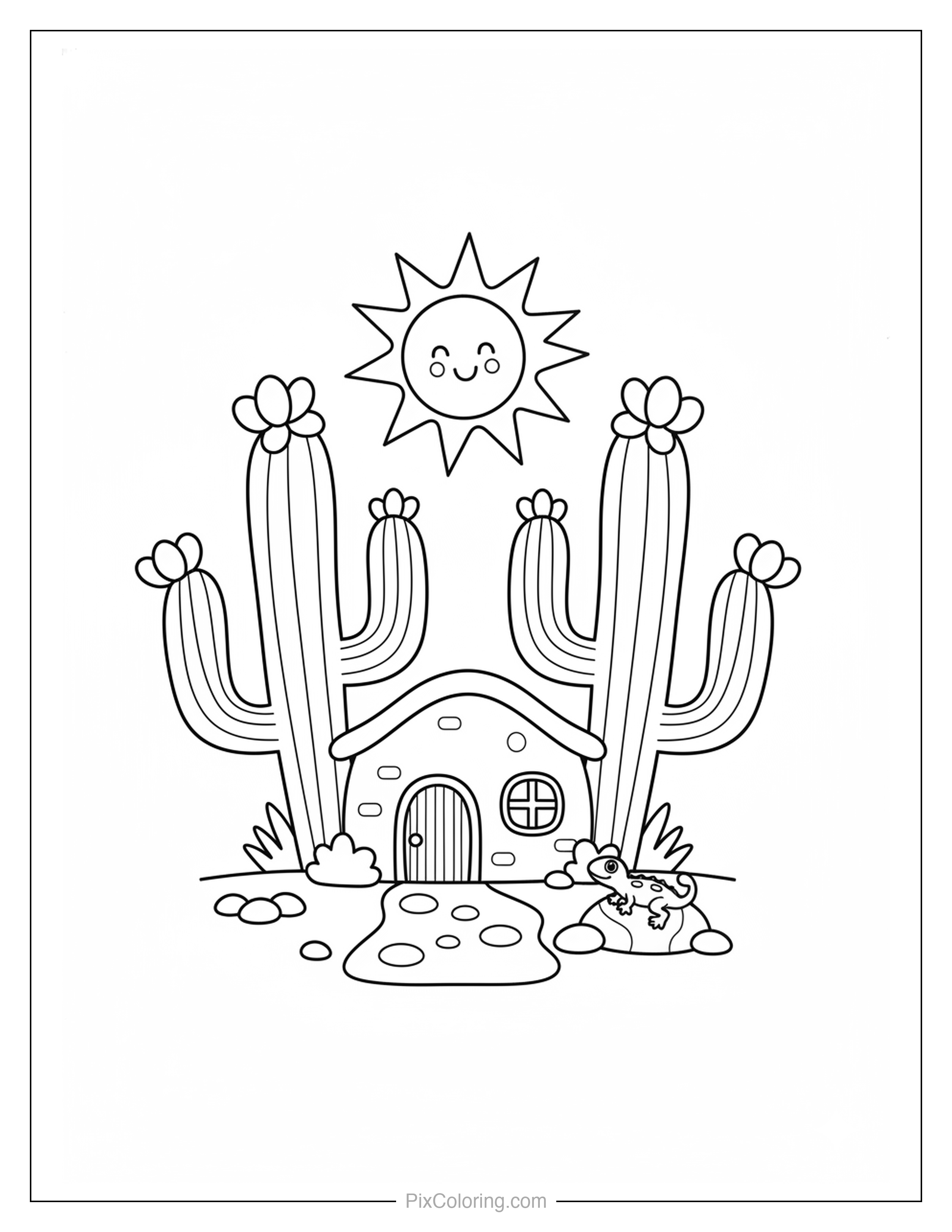 Stone house in a sunny desert surrounded by tall saguaro cacti with a smiling sun and a lizard resting nearby coloring page for kids