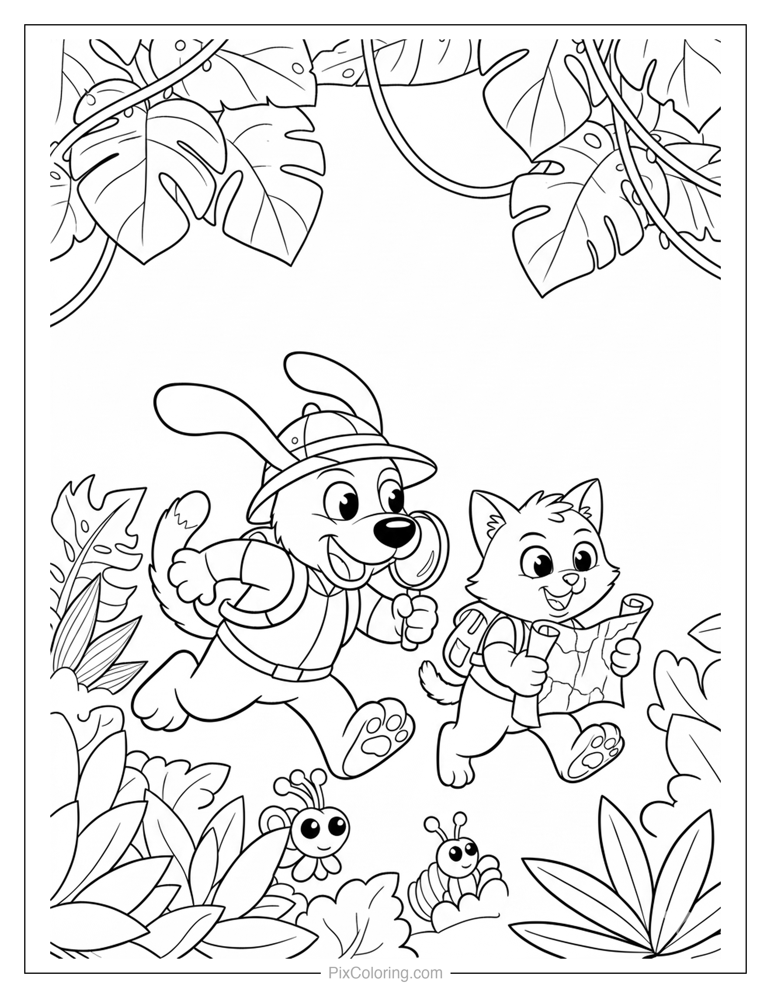 Cartoon dog and cat dressed as jungle explorers running through tropical leaves with a map coloring page for kids