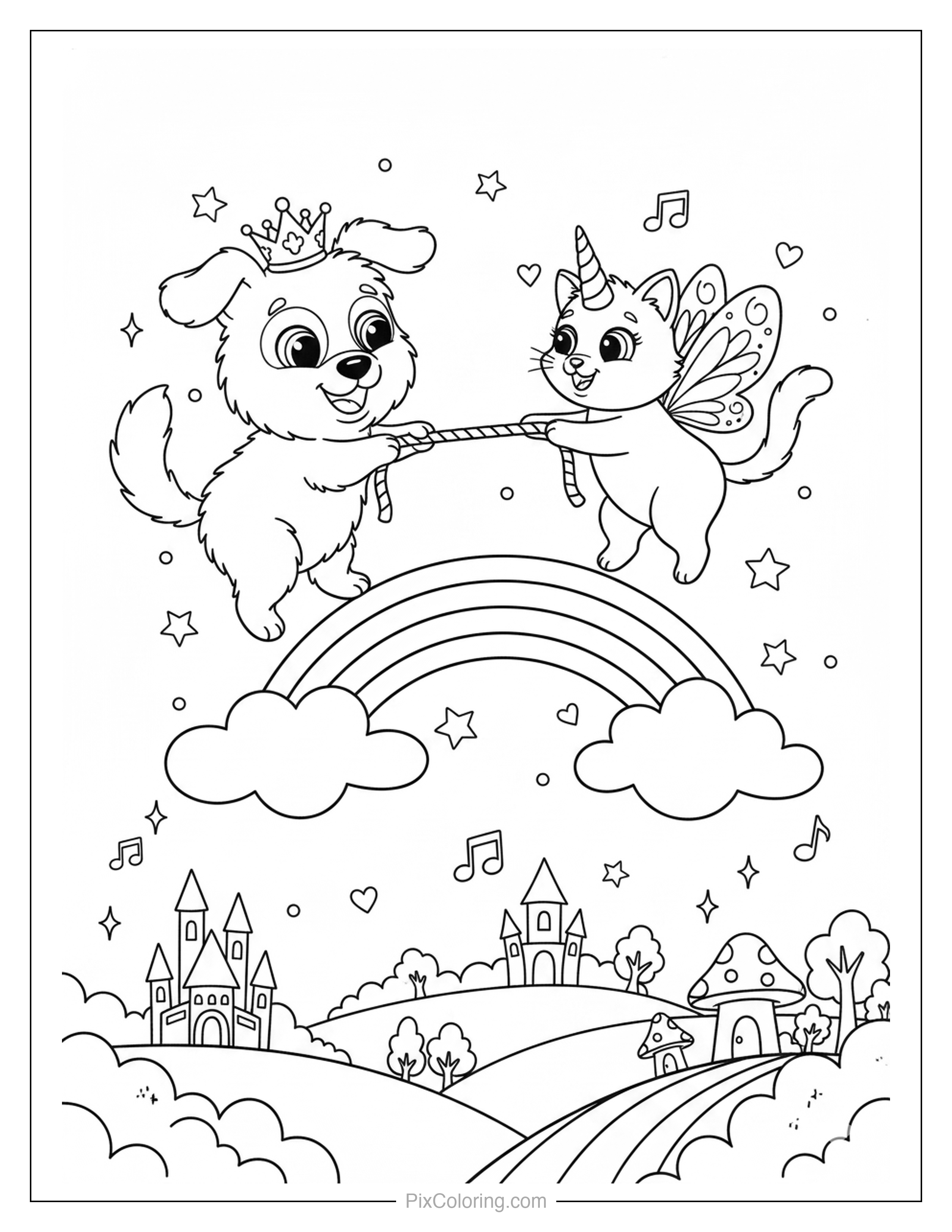 Cute dog with a crown and a unicorn fairy cat standing on a rainbow over a magical land with castles coloring page for kids