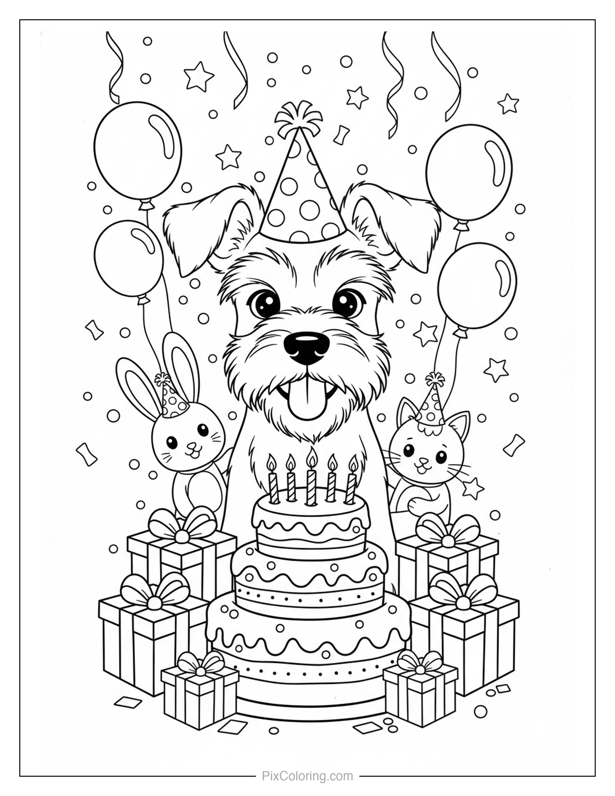 Fluffy dog wearing a party hat with a birthday cake, balloons, gifts, and animal friends coloring page for kids