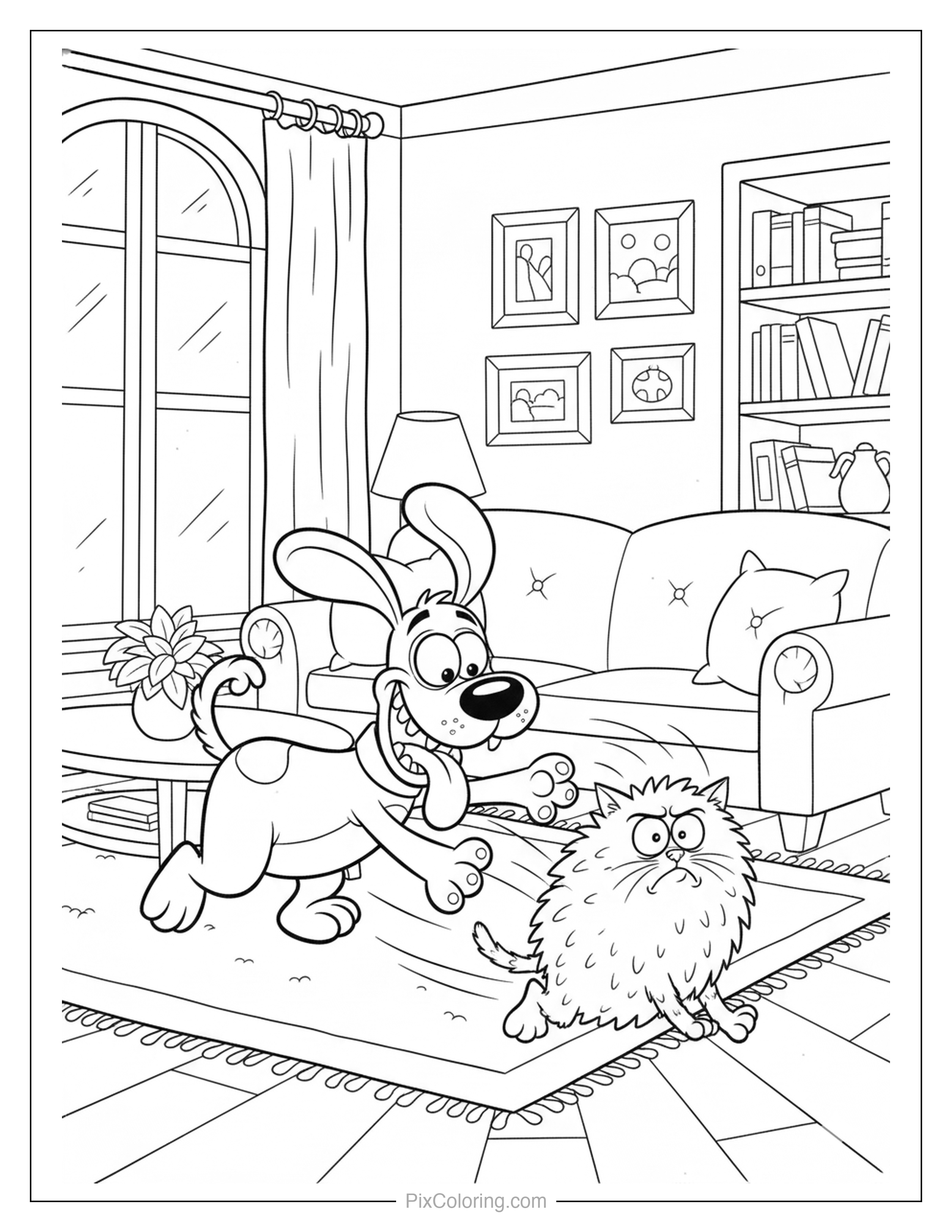 Goofy dog chasing a fluffy cat across a living room rug with a couch and bookshelves coloring page for kids