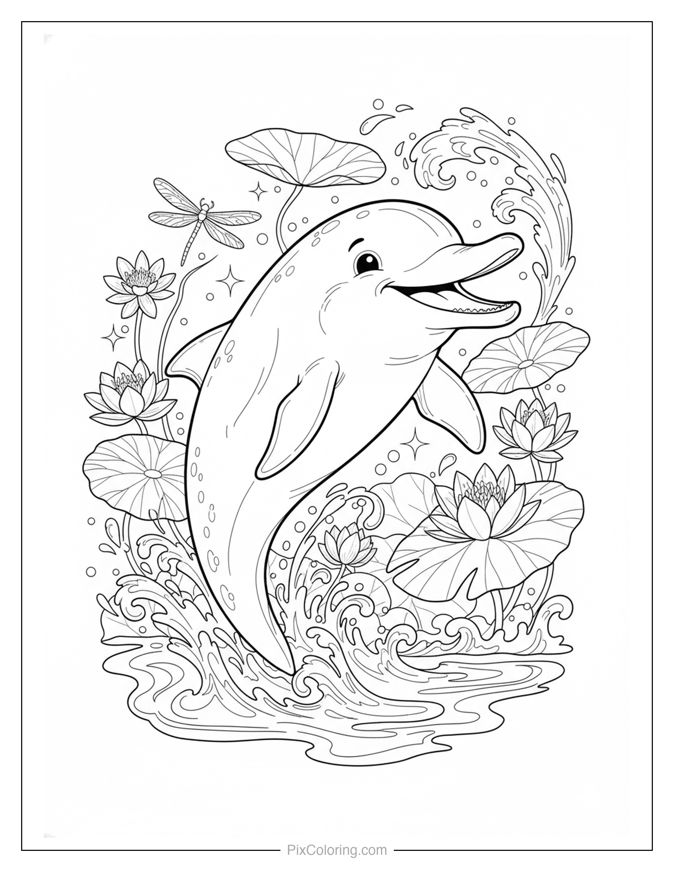 Smiling dolphin leaping from water surrounded by lotus flowers, water droplets, and a dragonfly coloring page for kids