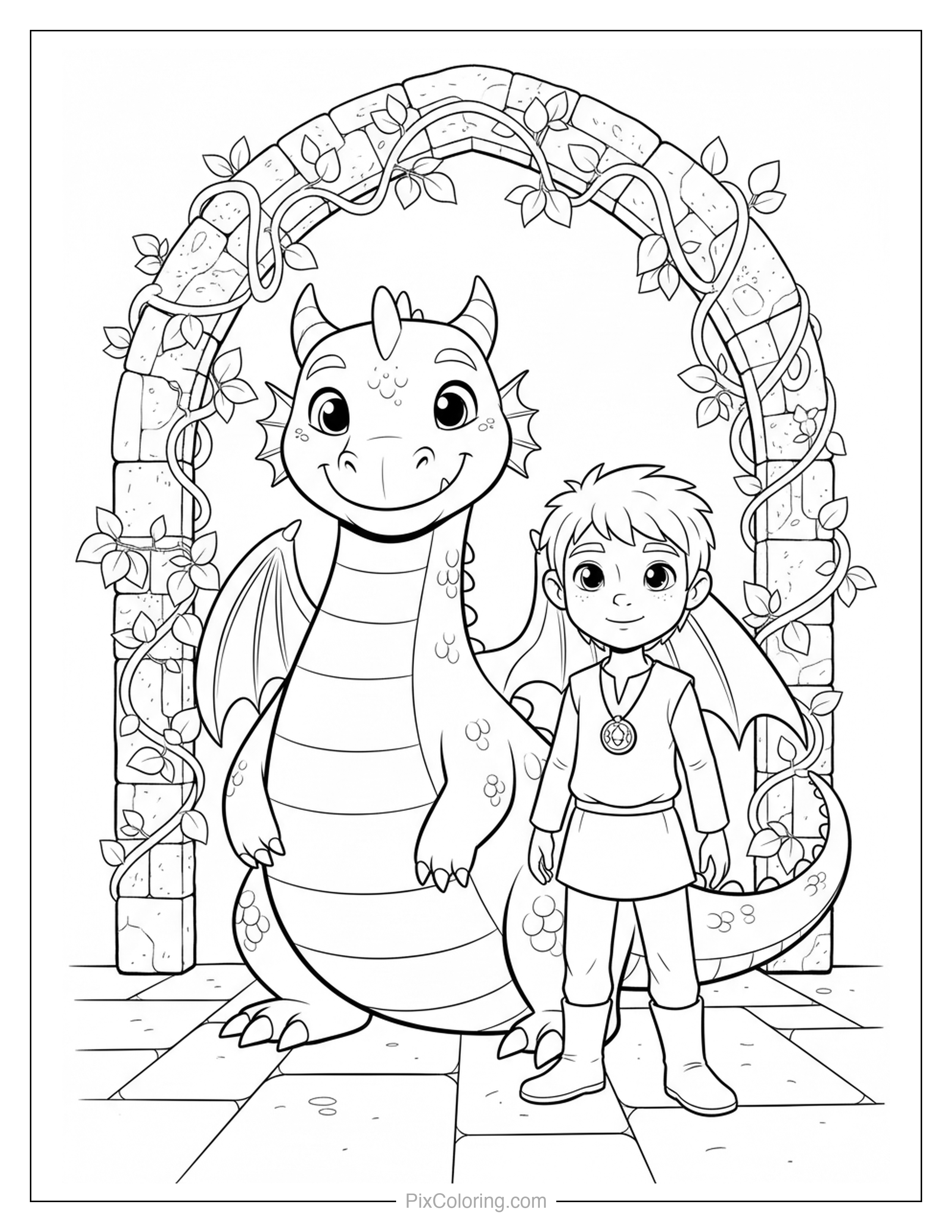 Friendly dragon and a young boy standing together under a castle archway covered in ivy coloring page for kids