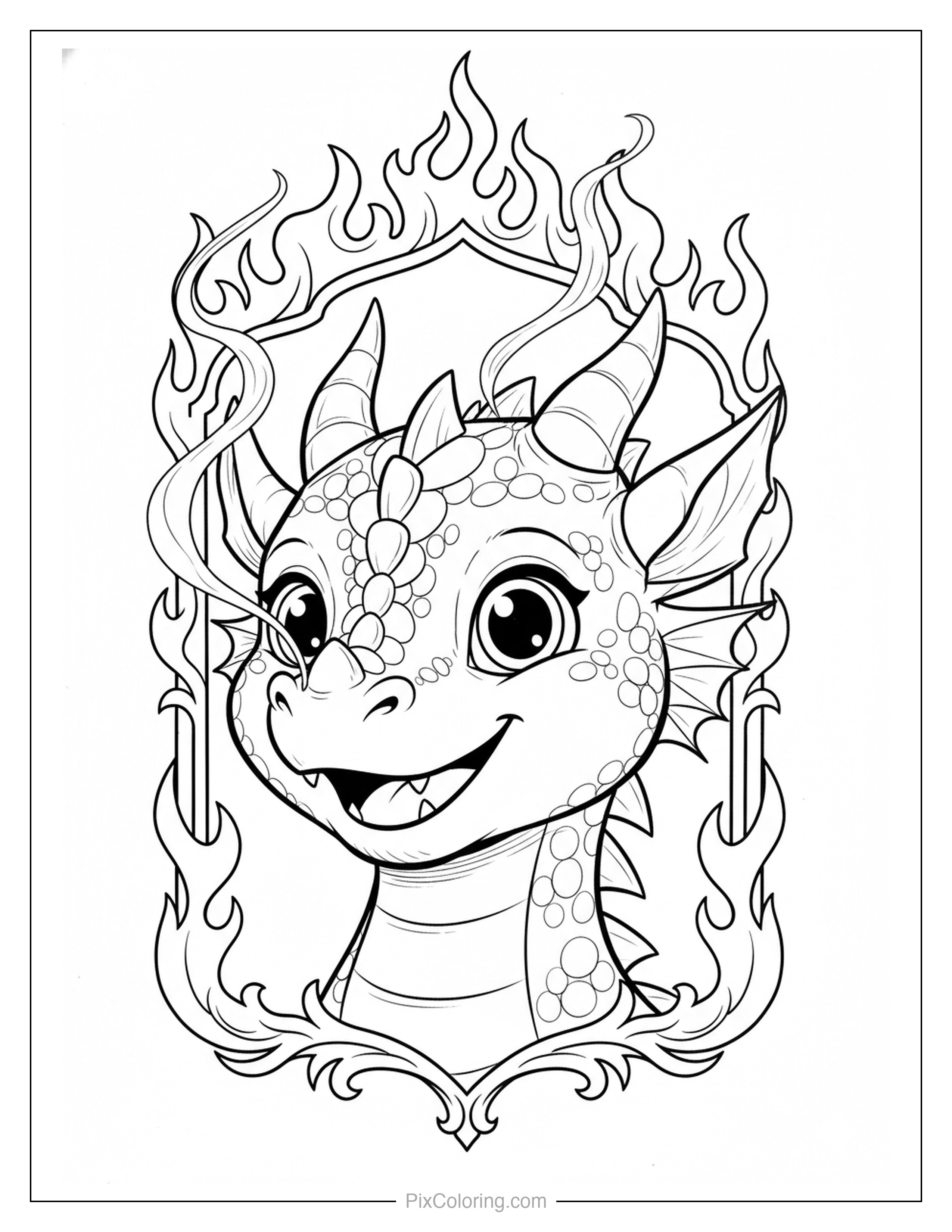 Cartoon dragon face portrait framed by dramatic swirling flames with big eyes and a wide smile coloring page for kids