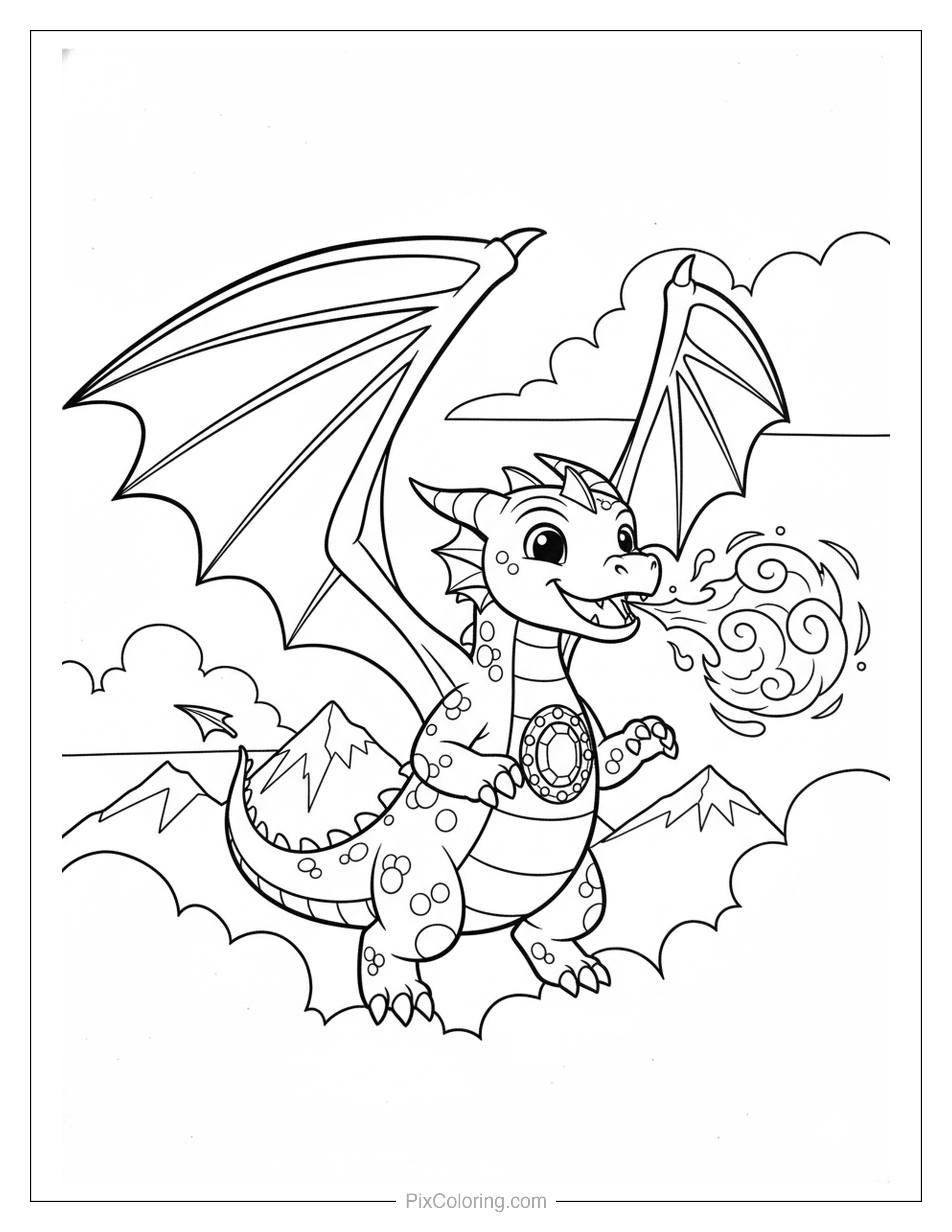 Young dragon flying through clouds with wings spread wide and breathing a puff of fire coloring page for kids