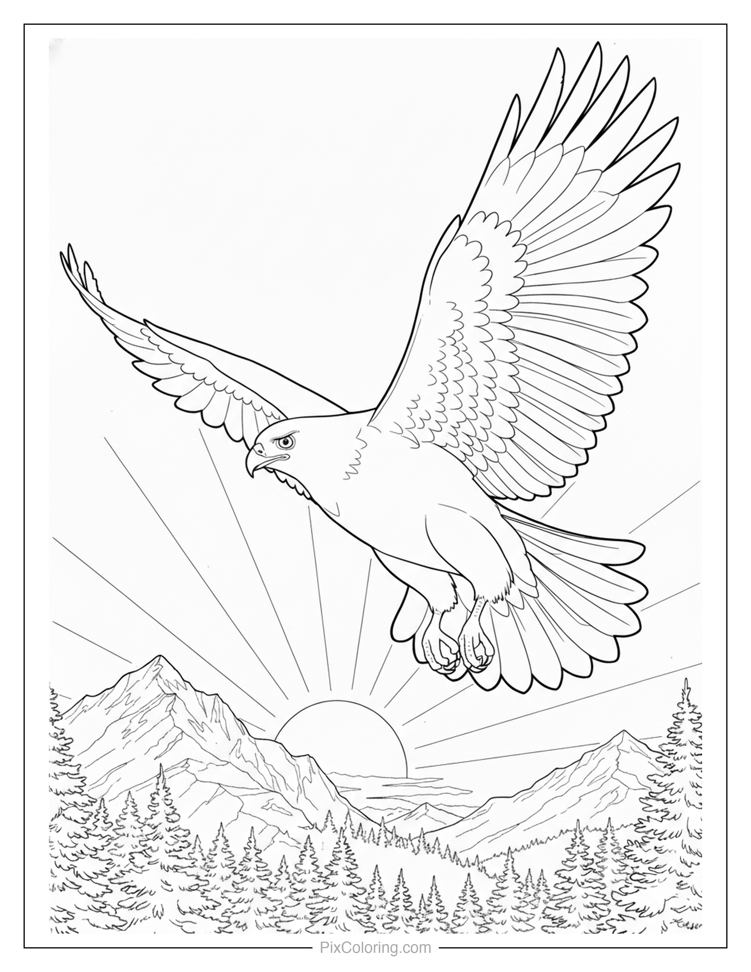 A majestic eagle soaring with wings spread wide over mountain peaks and pine forests with a glowing sunset behind it coloring page for kids